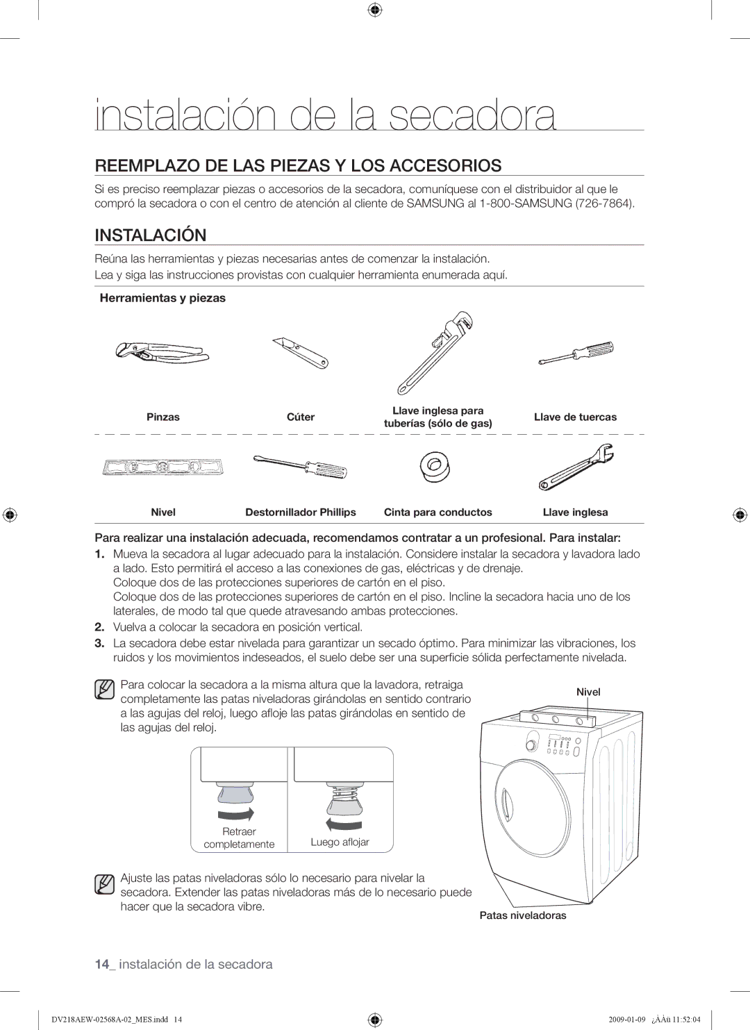 Samsung DV209AE, DV209AG user manual Reemplazo DE LAS Piezas Y LOS Accesorios, Instalación, Herramientas y piezas 