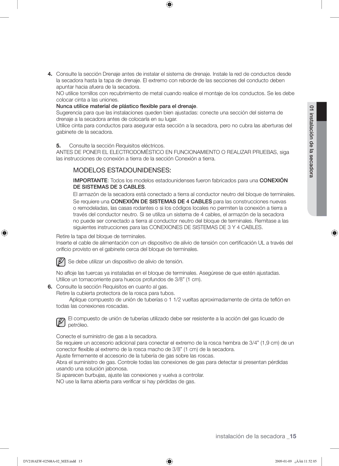 Samsung DV209AG, DV209AE user manual Modelos Estadounidenses 