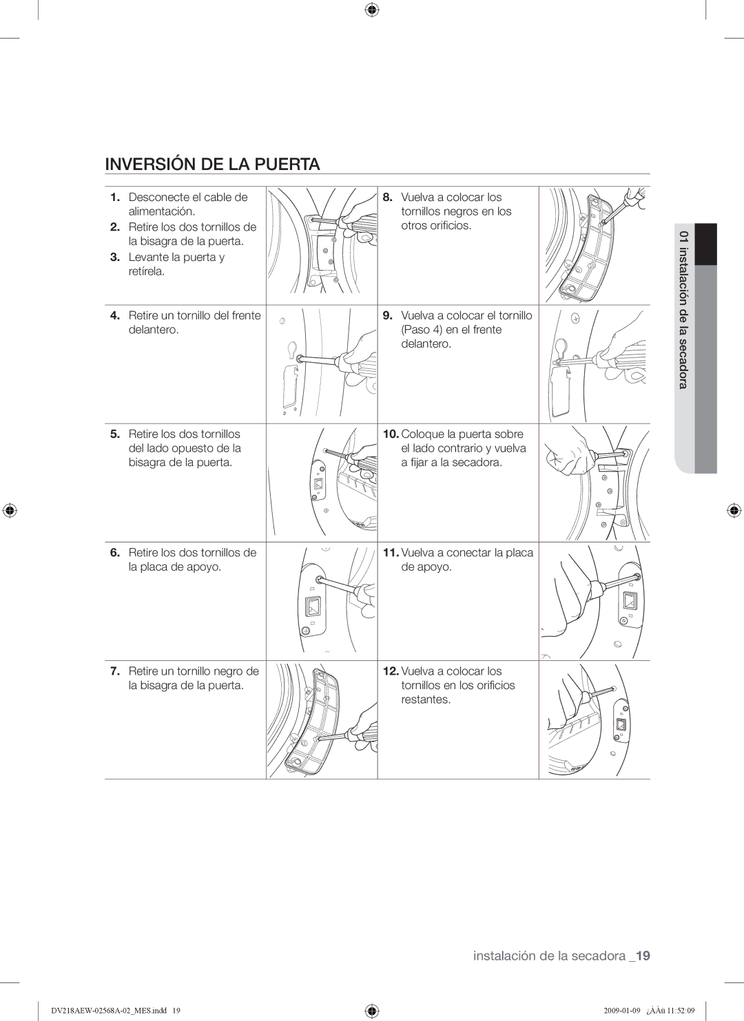 Samsung DV209AG, DV209AE user manual Inversión DE LA Puerta 