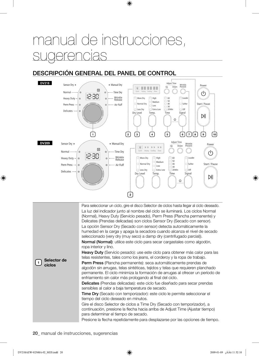 Samsung DV209AE, DV209AG user manual Descripción General DEL Panel DE Control, Selector de ciclos 