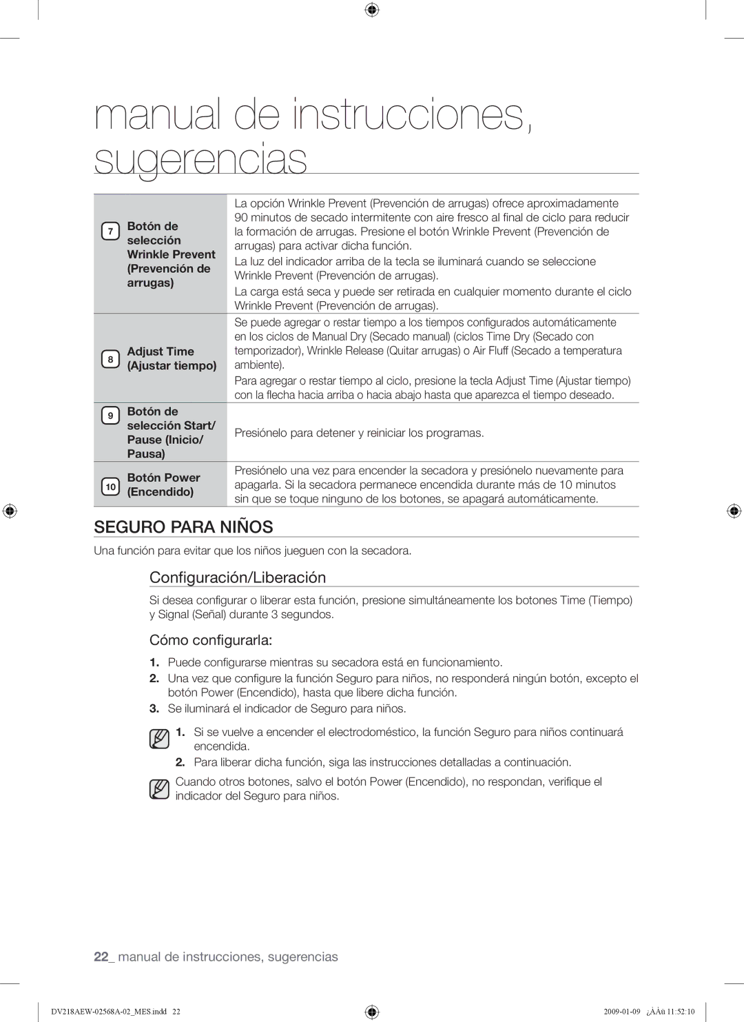 Samsung DV209AE, DV209AG user manual Seguro Para Niños, Configuración/Liberación 