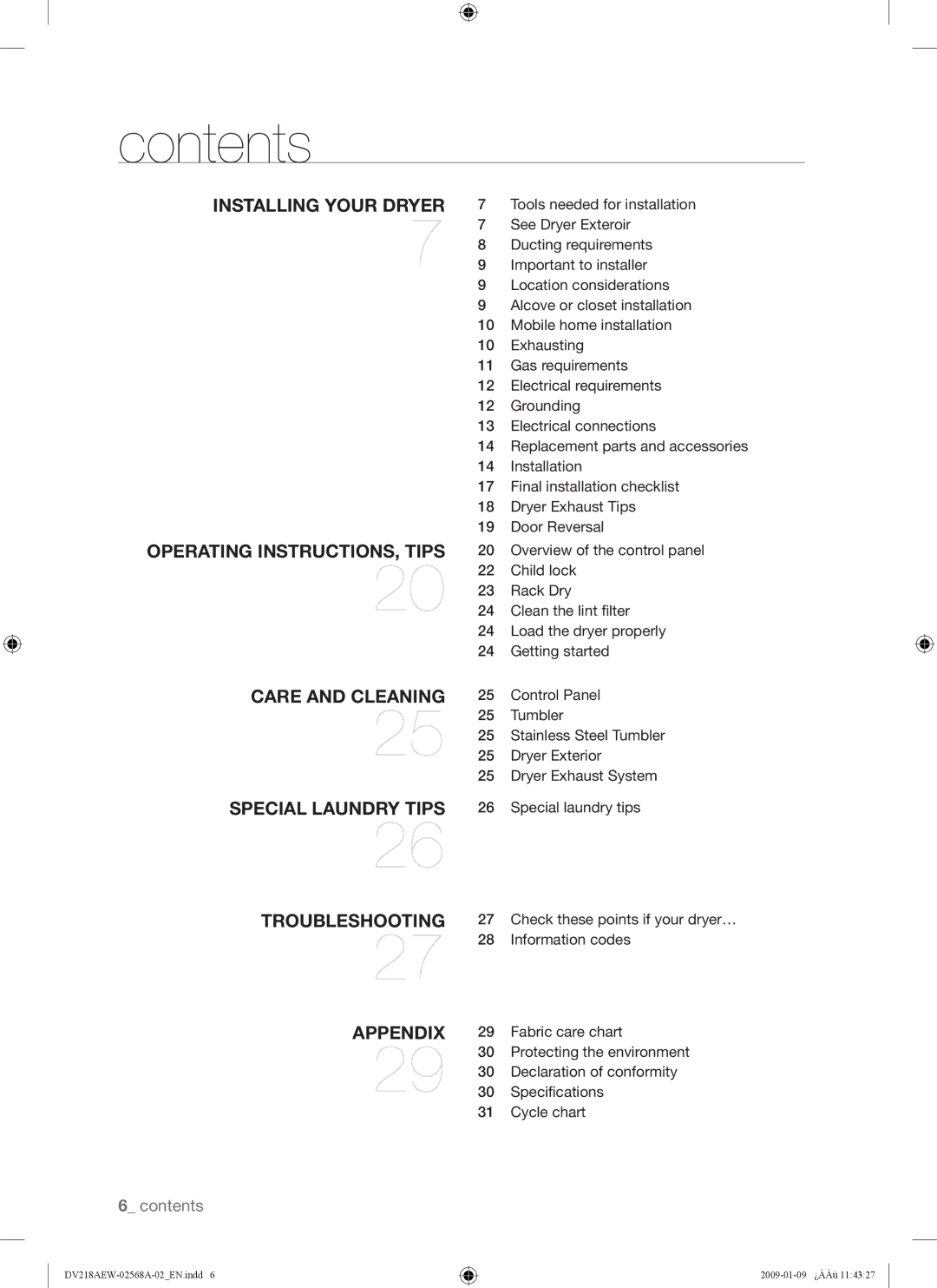 Samsung DV209AE, DV209AG user manual Contents 