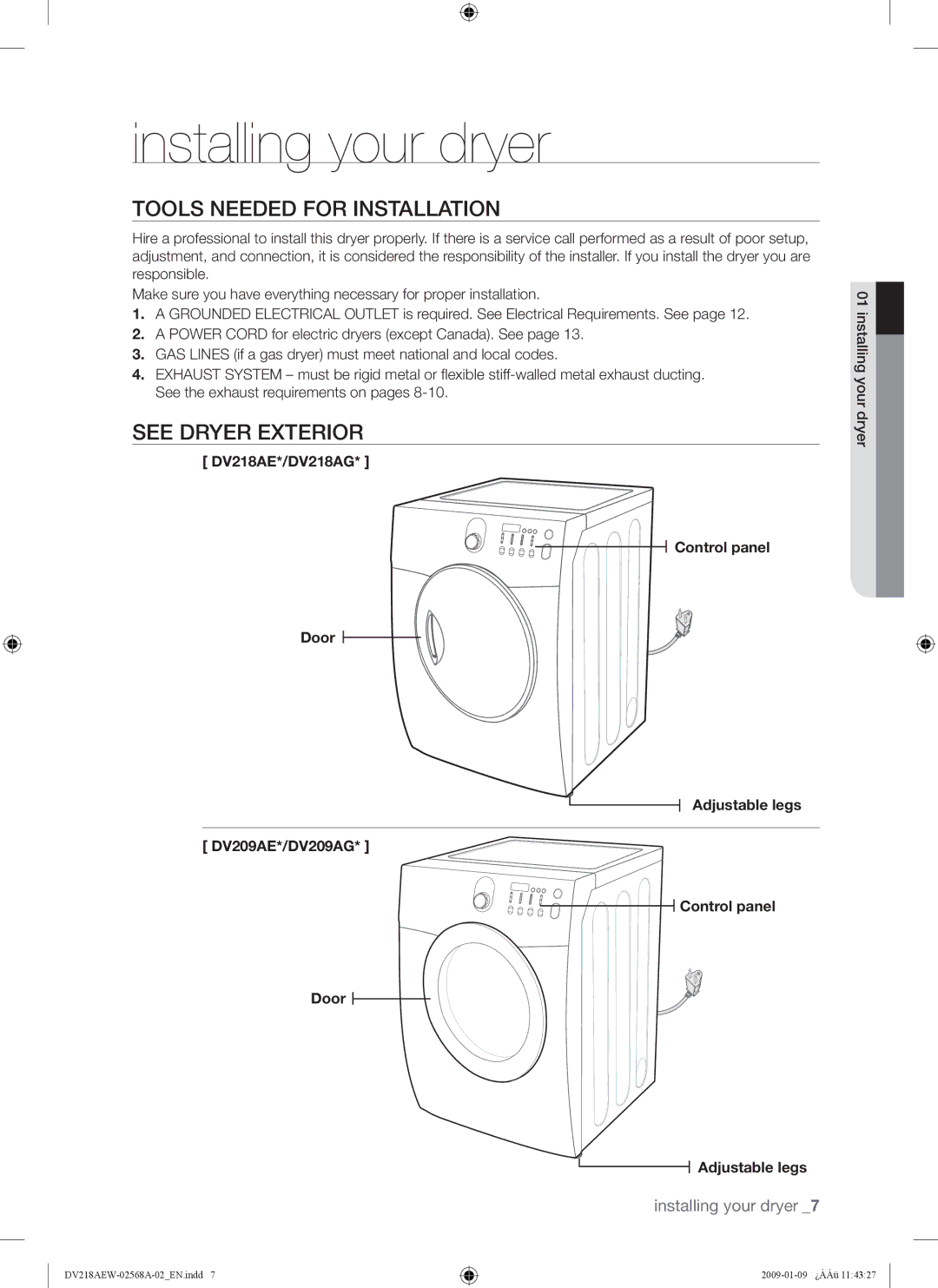 Samsung DV209AG, DV209AE user manual Installing your dryer, Tools Needed for Installation, See Dryer Exterior 