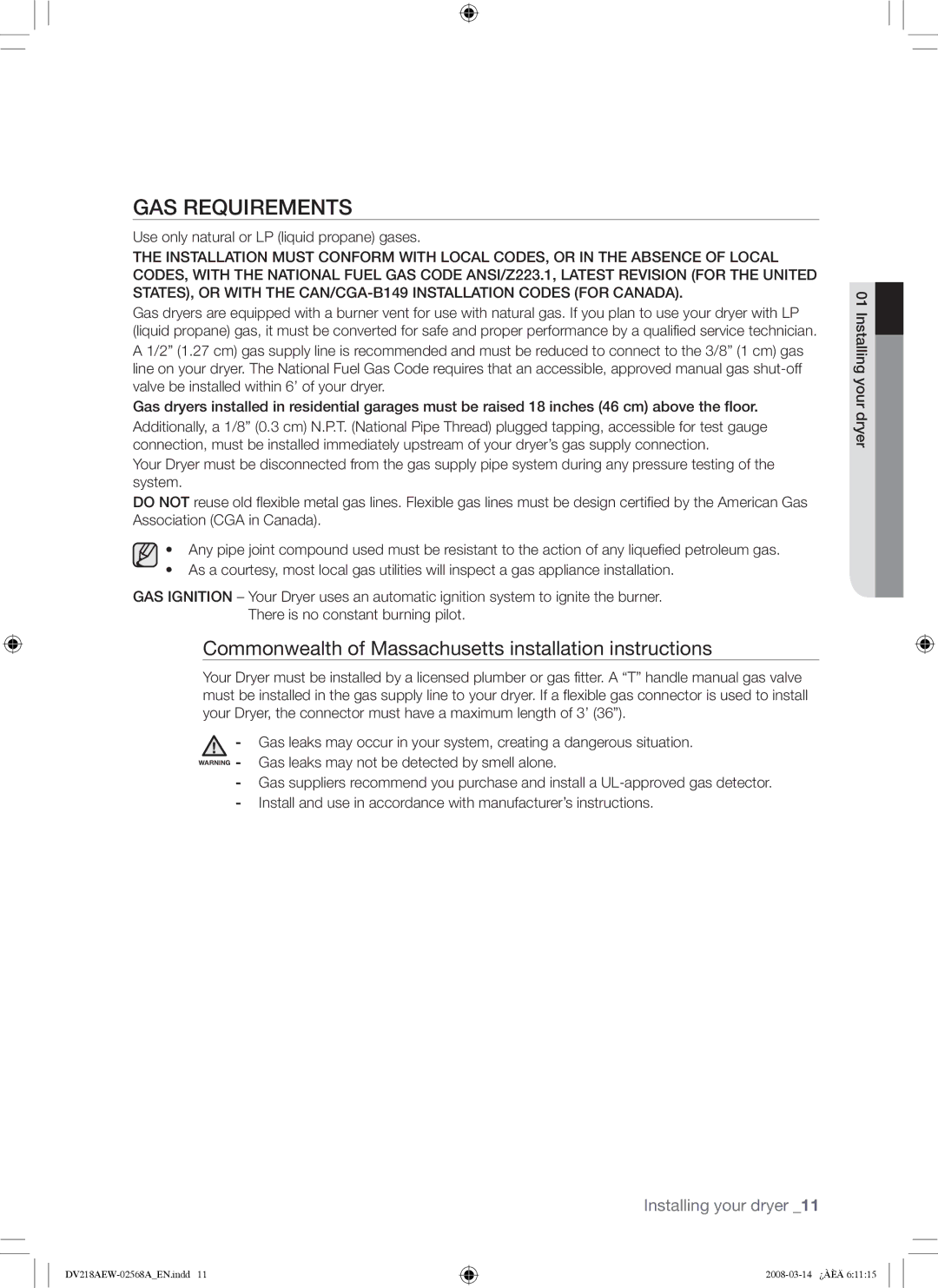 Samsung DV218AG, DV218AE user manual GAS Requirements, Commonwealth of Massachusetts installation instructions 