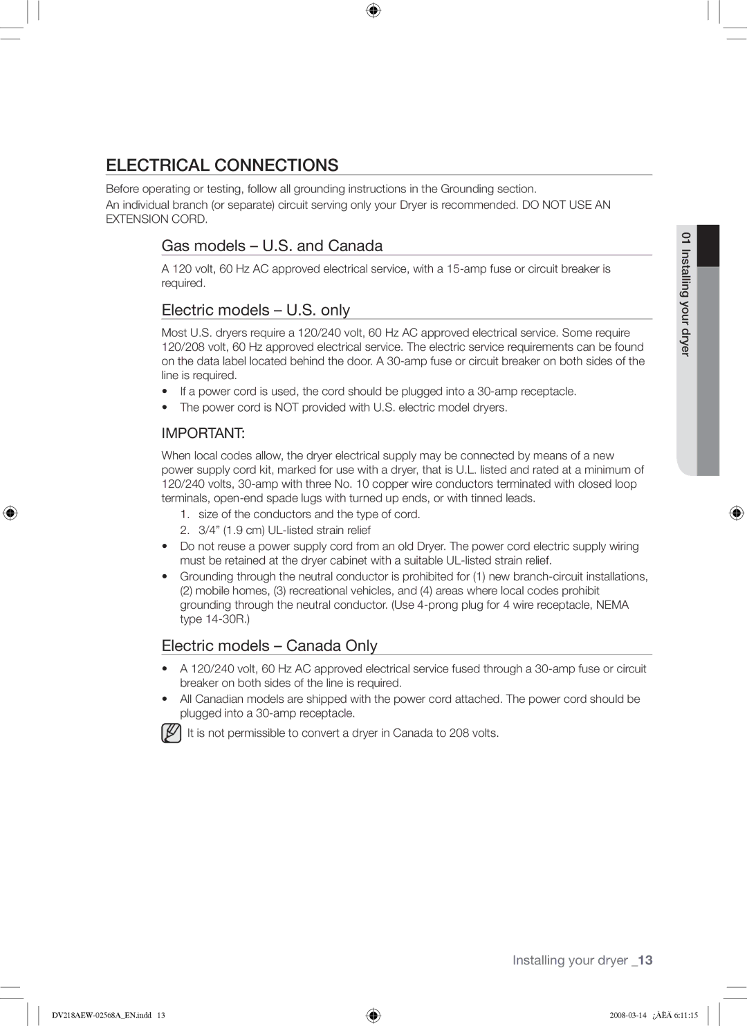 Samsung DV218AG Electrical Connections, Gas models U.S. and Canada, Electric models U.S. only, Electric models Canada Only 