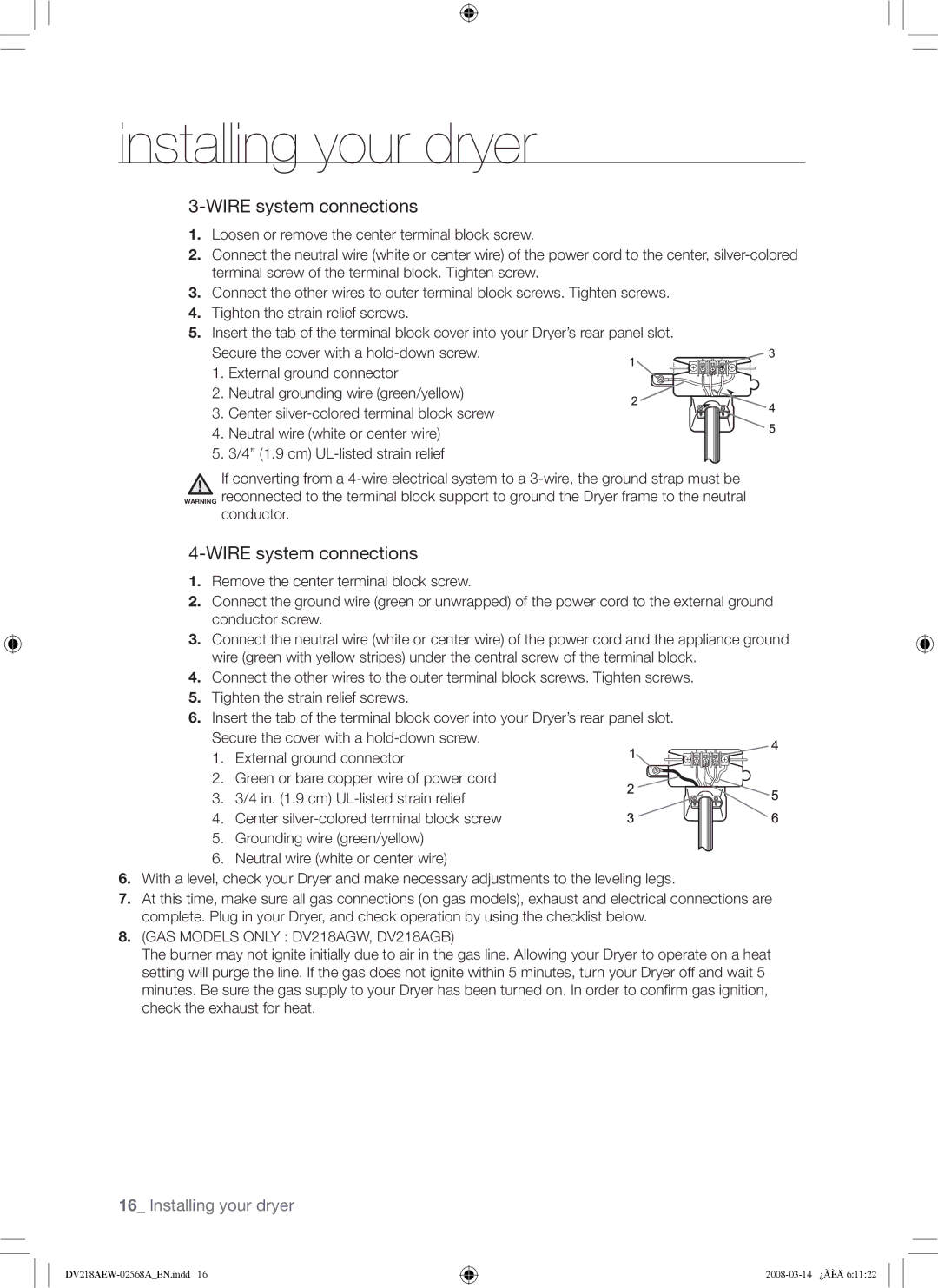 Samsung DV218AE, DV218AG user manual Wire system connections 