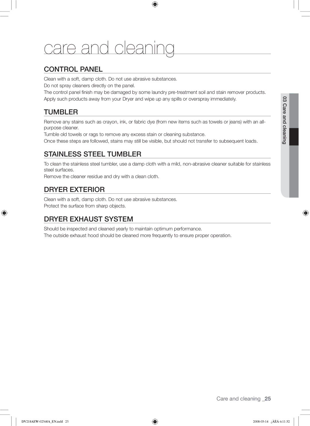 Samsung DV218AG, DV218AE user manual Care and cleaning 