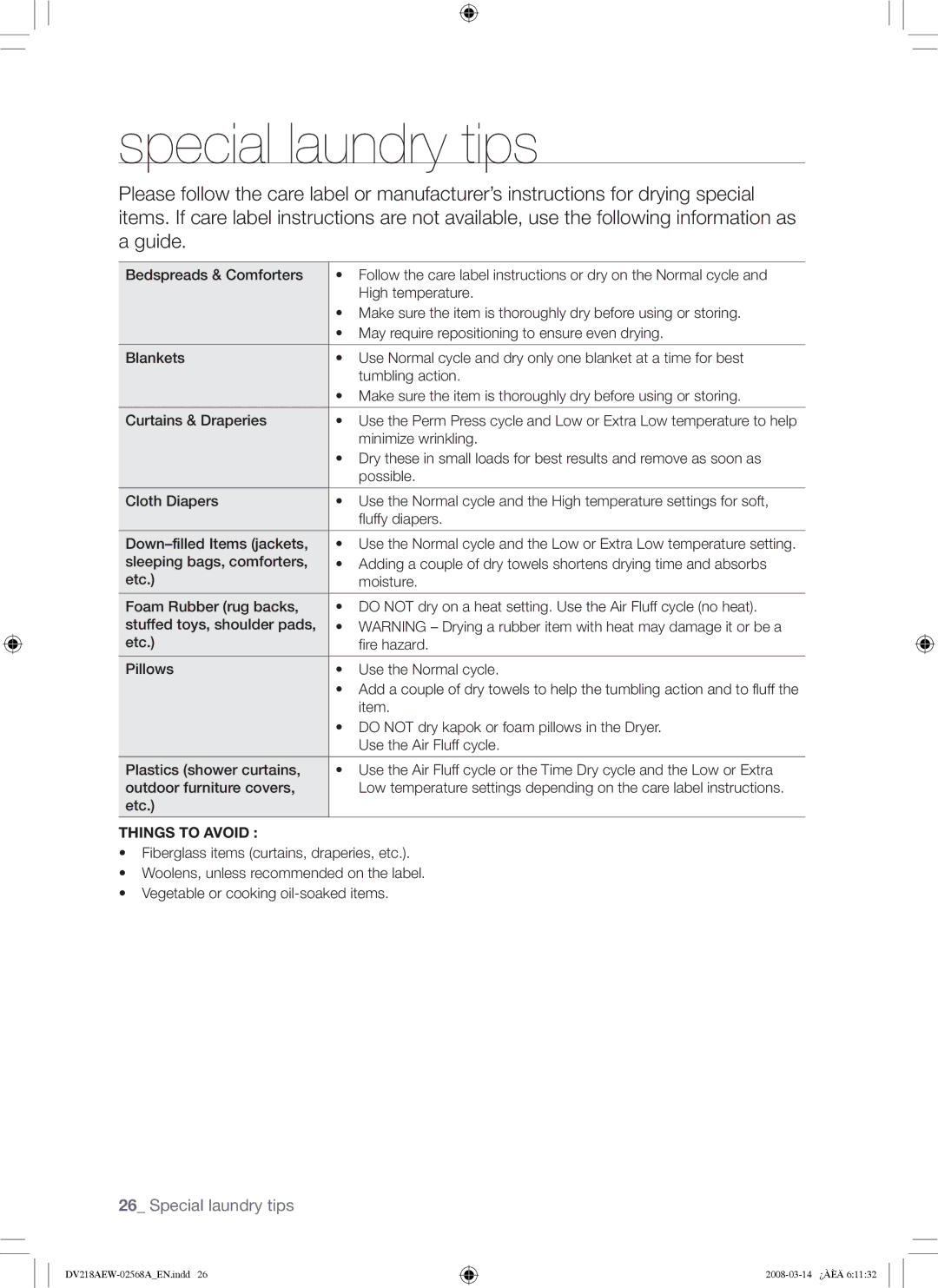 Samsung DV218AE, DV218AG user manual Special laundry tips, Things to Avoid 