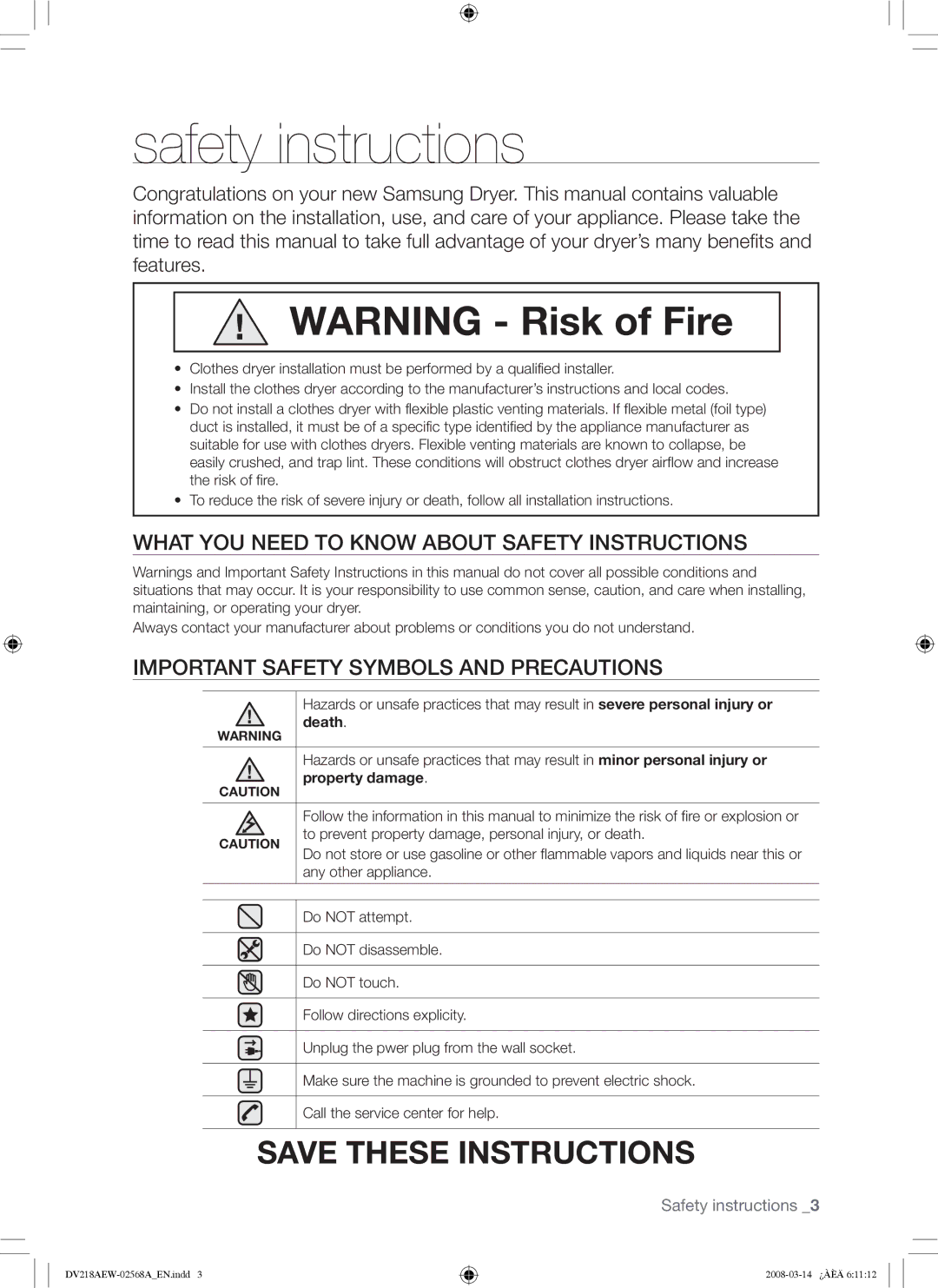 Samsung DV218AG, DV218AE user manual Safety instructions, What YOU Need to Know about Safety Instructions, Property damage 