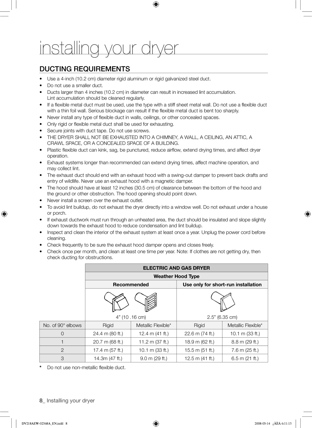 Samsung DV218AE, DV218AG user manual Ducting Requirements, Electric and GAS Dryer, Weather Hood Type 