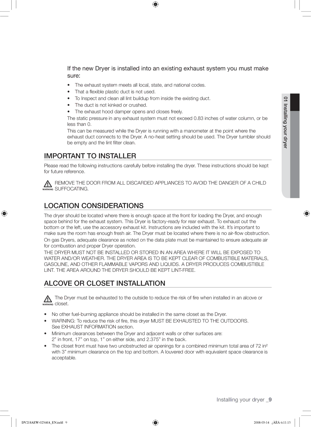 Samsung DV218AG, DV218AE user manual Important to Installer, Location Considerations, Alcove or Closet Installation 