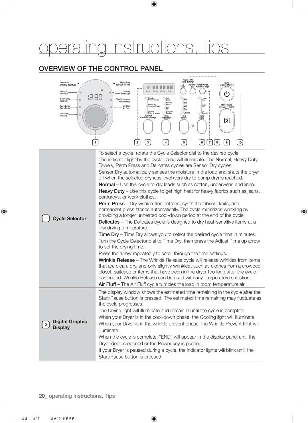 Samsung DV218AEW Operating Instructions, tips, Overview of the Control Panel, Cycle Selector, Digital Graphic, Display 