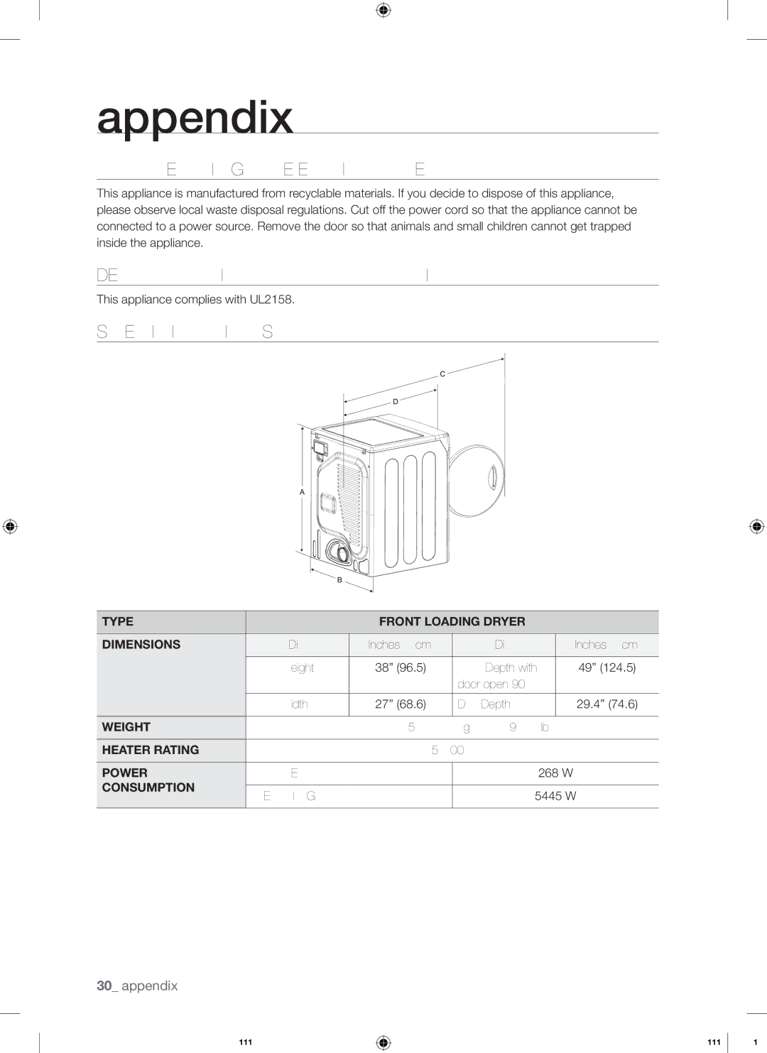 Samsung DV218AGW, DV218AGB, DV218AEW user manual Protecting the Environment, Declaration of Conformity, Specifications 