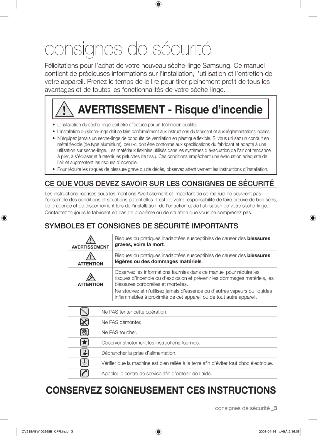 Samsung DV218AGB, DV218AGW, DV218AEW Consignes de sécurité, CE QUE Vous Devez Savoir SUR LES Consignes DE Sécurité 