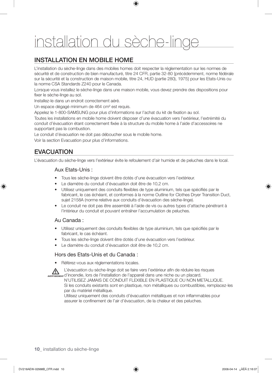 Samsung DV218AEW, DV218AGW, DV218AGB user manual Installation EN Mobile Home, Evacuation 