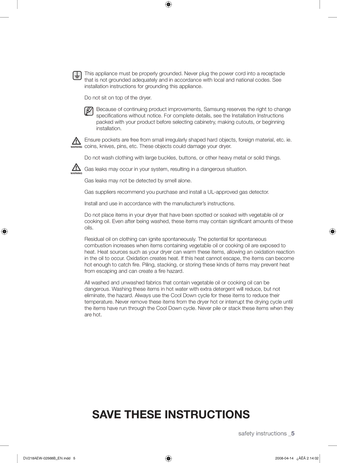 Samsung DV218AEW, DV218AGW, DV218AGB user manual Safety instructions 