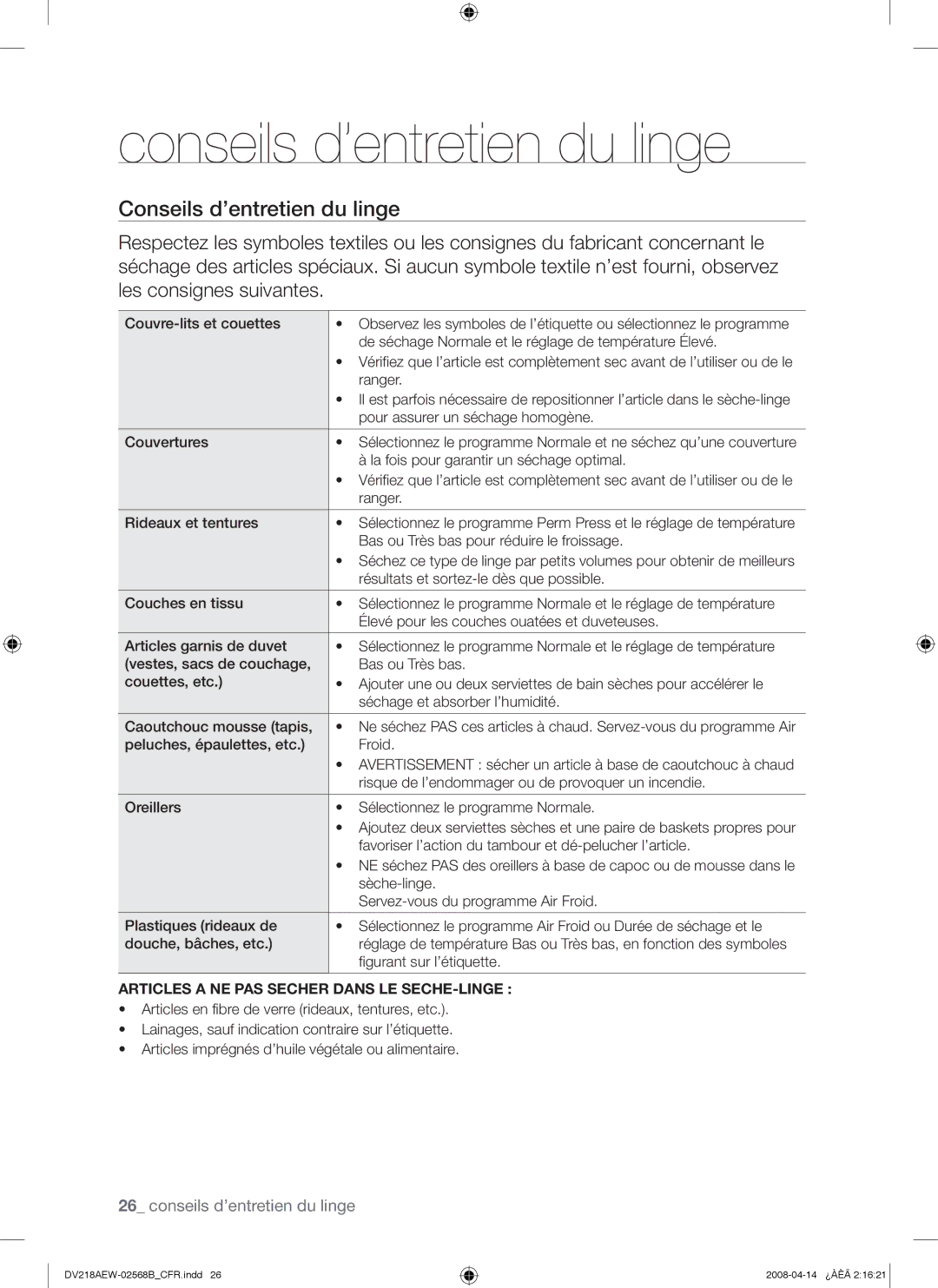 Samsung DV218AGW, DV218AGB, DV218AEW user manual Conseils d’entretien du linge, Articles a NE PAS Secher Dans LE SECHE-LINGE 