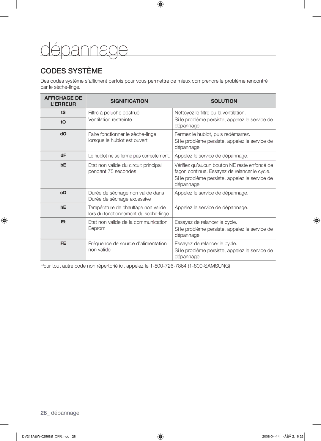 Samsung DV218AEW, DV218AGW, DV218AGB user manual Codes Système, Affichage DE Signification Solution ’ERREUR 