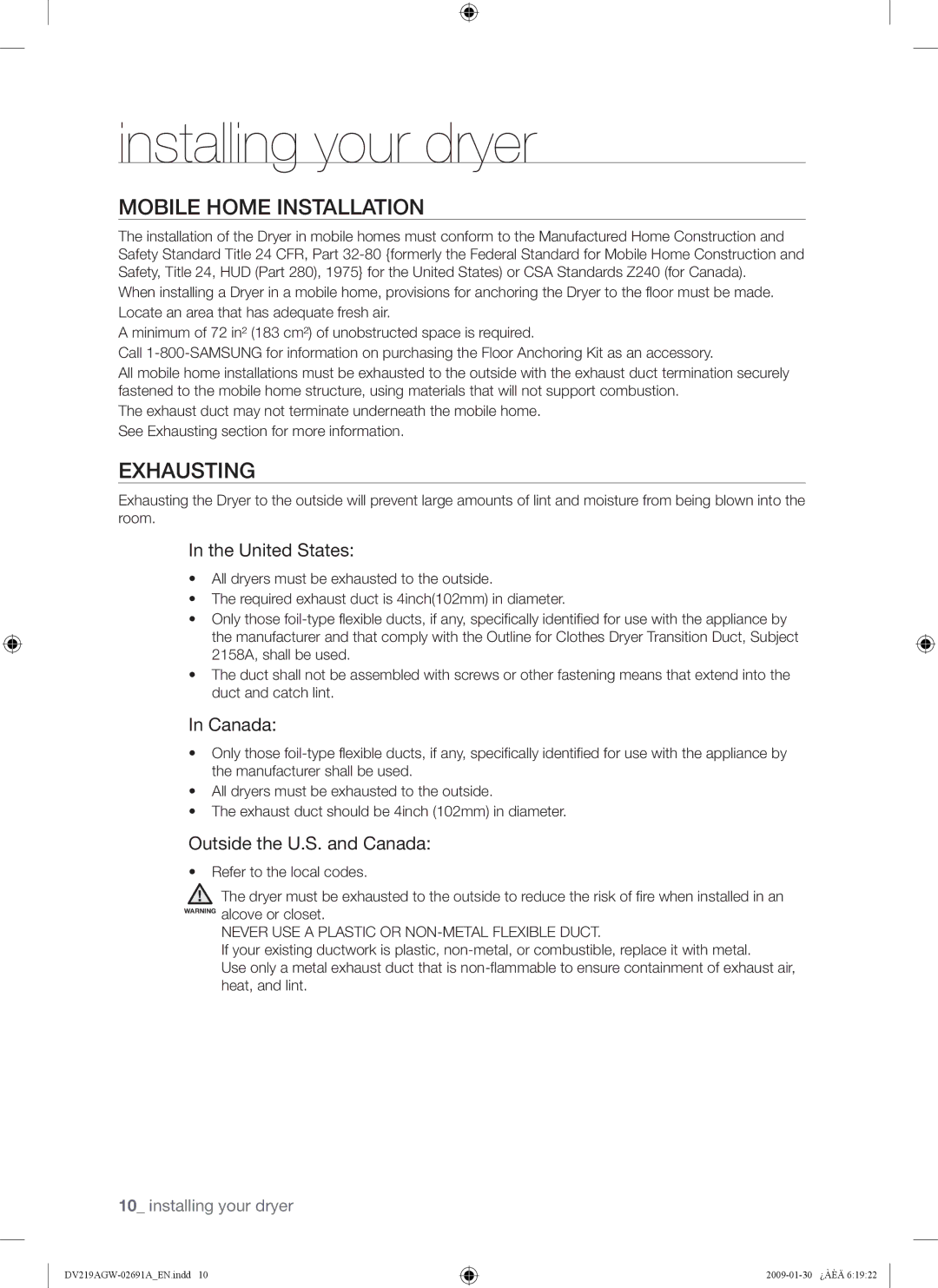 Samsung DV219AGW, DV219AE*, DV219AG* user manual Mobile Home Installation, Exhausting 