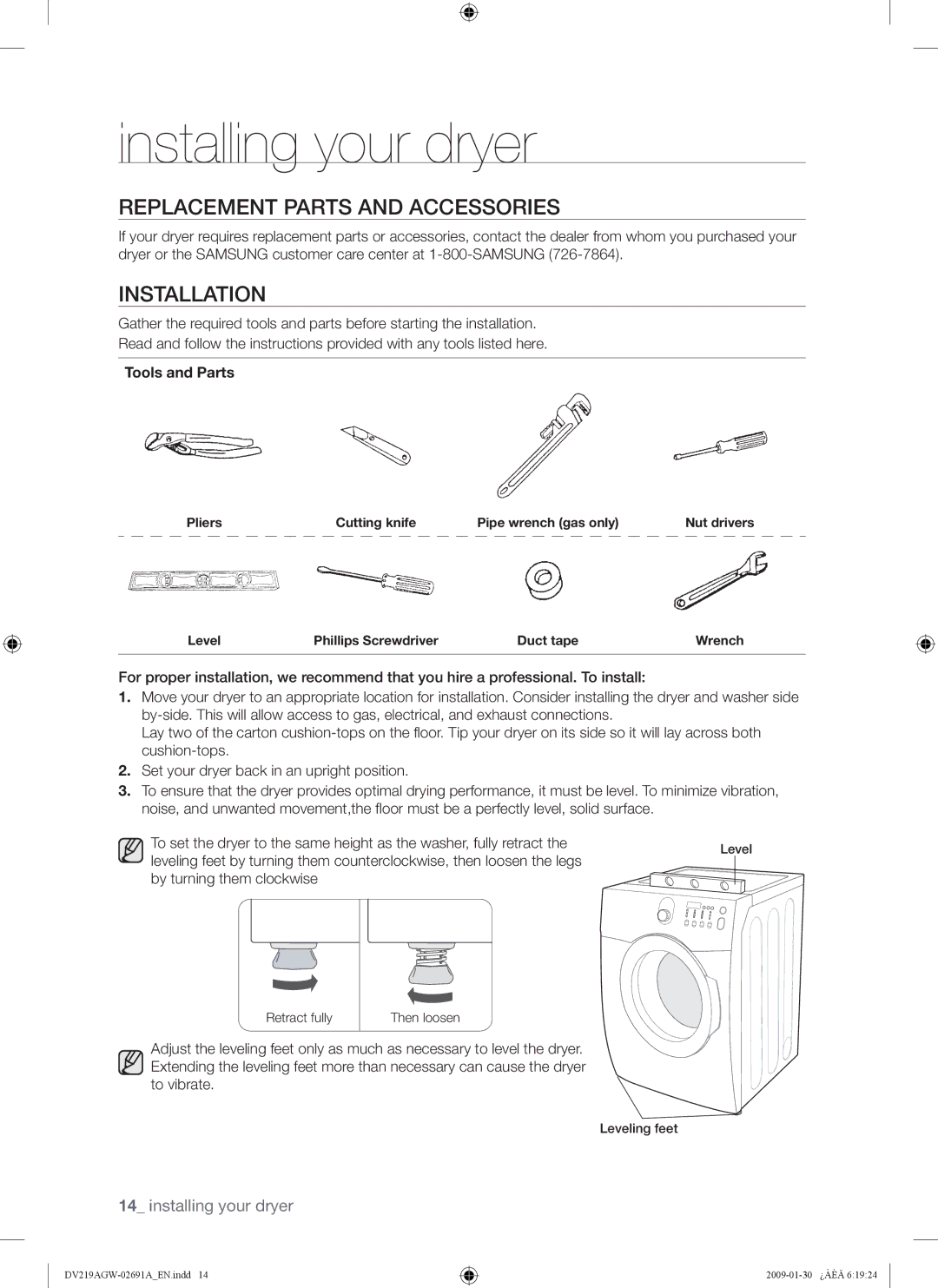 Samsung DV219AG*, DV219AE*, DV219AGW user manual Replacement Parts and Accessories, Installation, Tools and Parts 