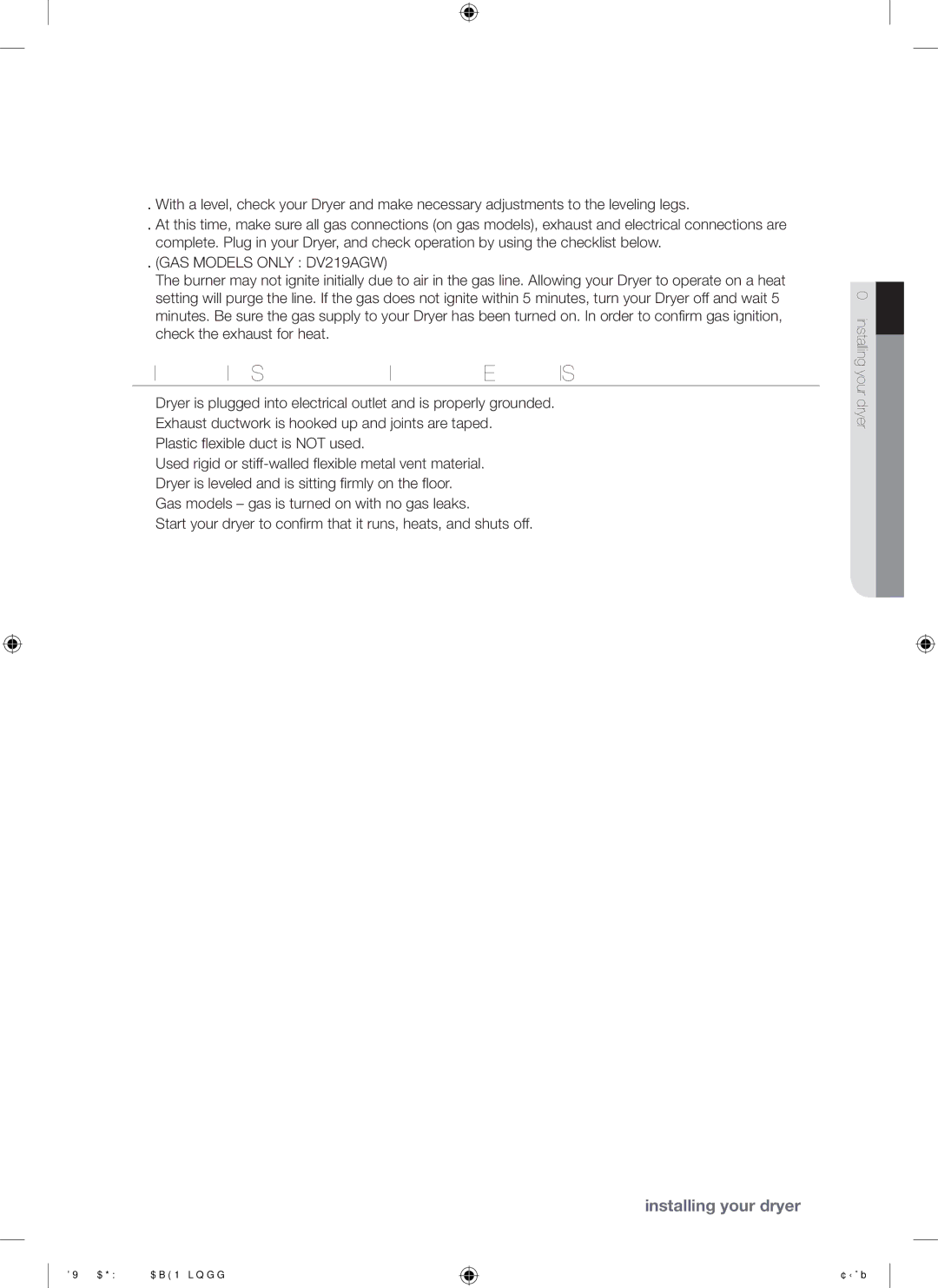 Samsung DV219AG*, DV219AE* user manual Final Installation Checklist, GAS Models only DV219AGW 