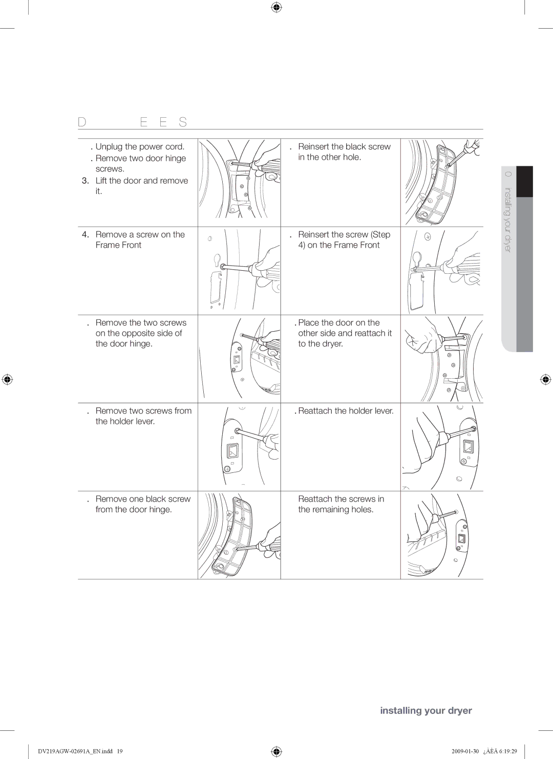 Samsung DV219AGW, DV219AE*, DV219AG* user manual Door Reversal 