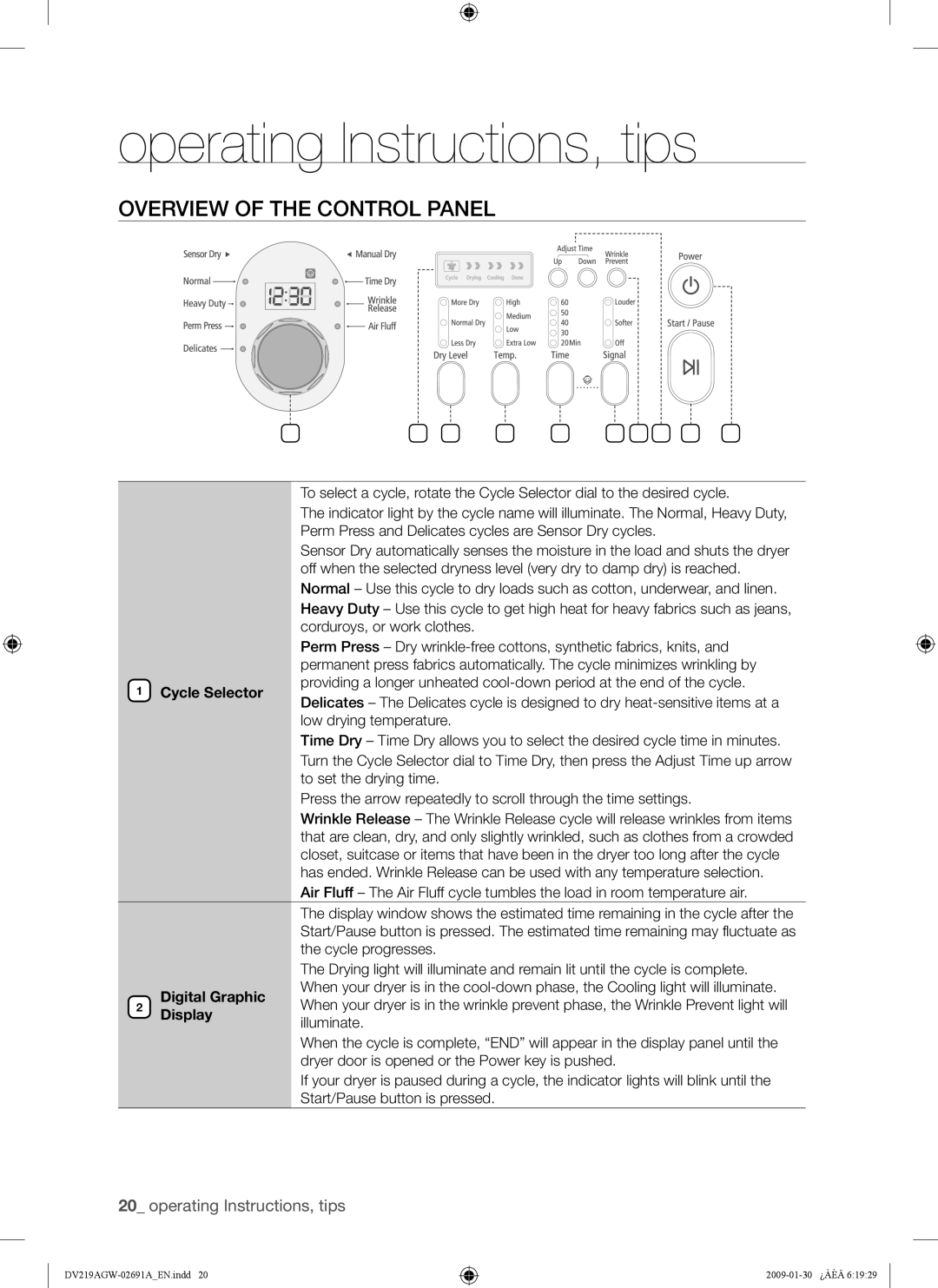 Samsung DV219AG* Operating Instructions, tips, Overview of the Control Panel, Cycle Selector, Digital Graphic, Display 