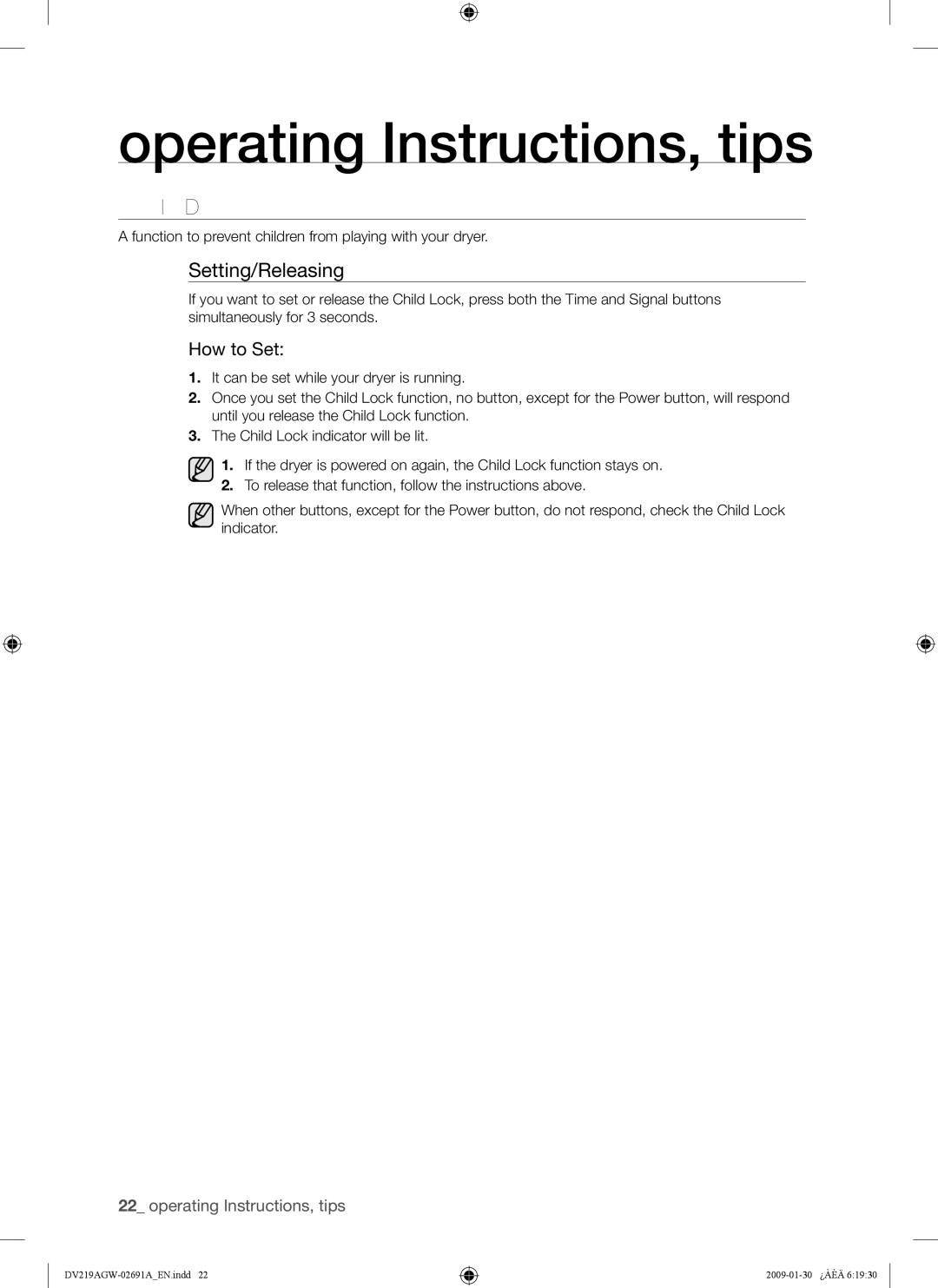 Samsung DV219AGW, DV219AE*, DV219AG* user manual Child Lock, Setting/Releasing 