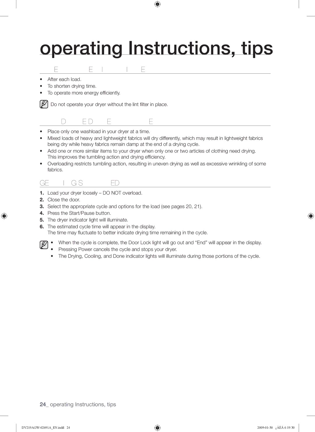 Samsung DV219AE*, DV219AGW, DV219AG* user manual Clean the Lint Filter, Load the Dryer Properly, Getting Started 