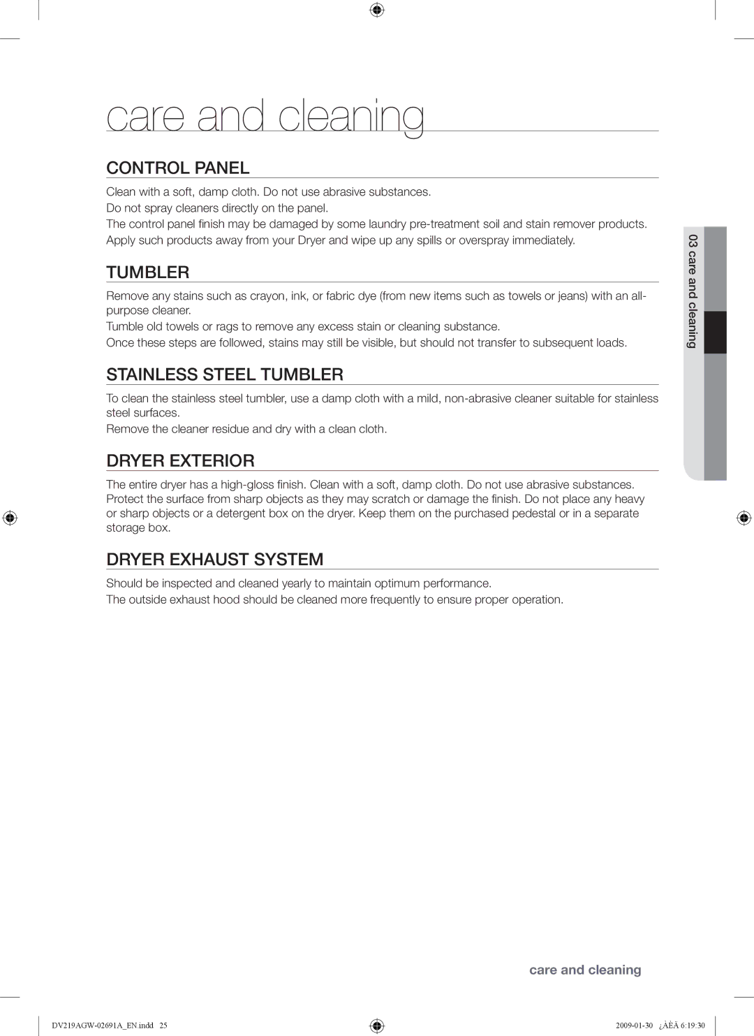 Samsung DV219AGW, DV219AE*, DV219AG* user manual Care and cleaning 