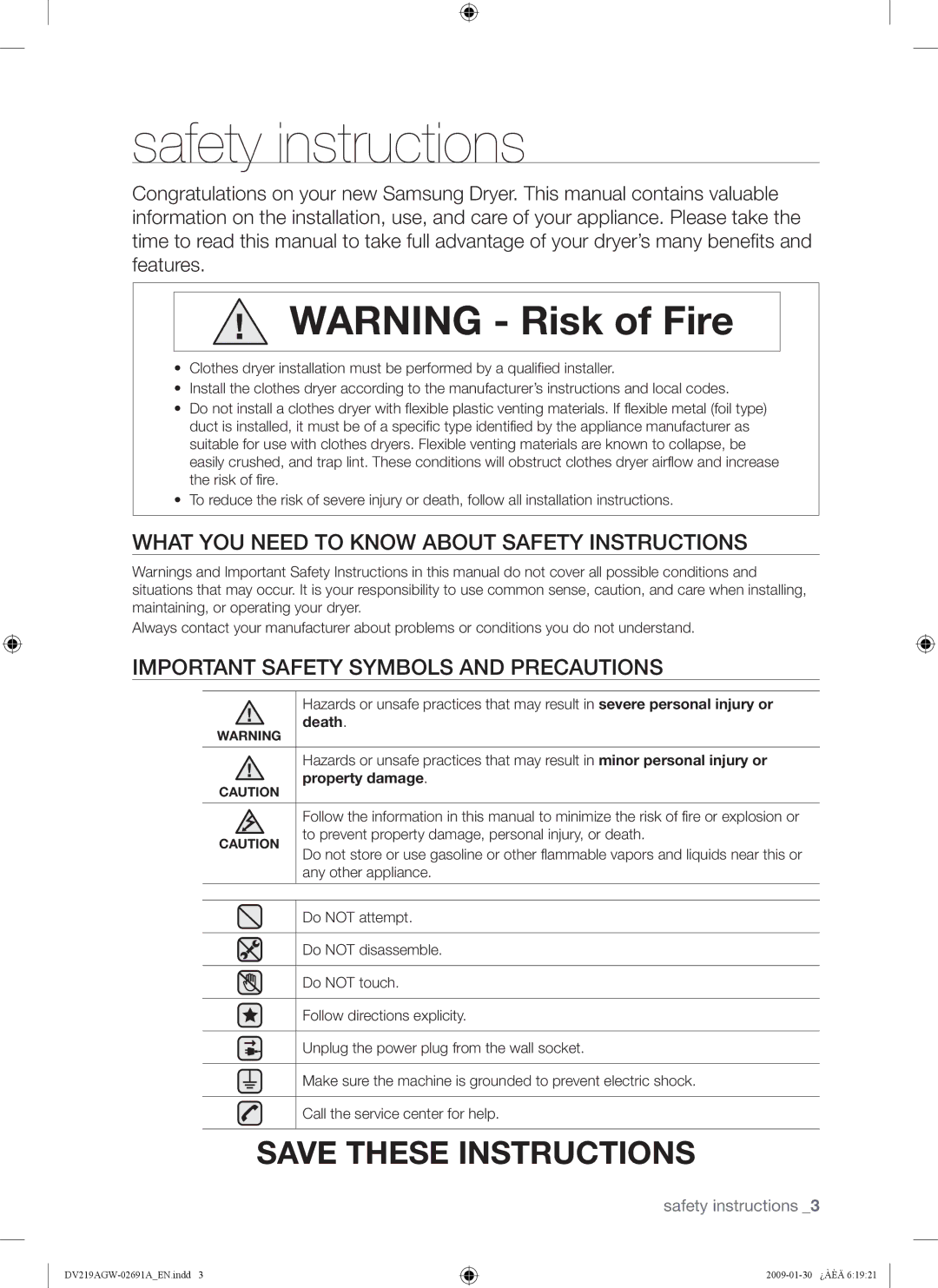 Samsung DV219AE*, DV219AGW, DV219AG* Safety instructions, What YOU Need to Know about Safety Instructions, Property damage 