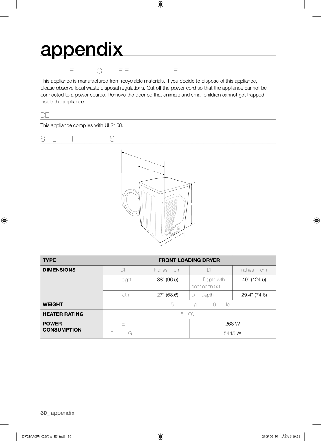 Samsung DV219AE*, DV219AGW, DV219AG* user manual Protecting the Environment, Declaration of Conformity, Specifications 