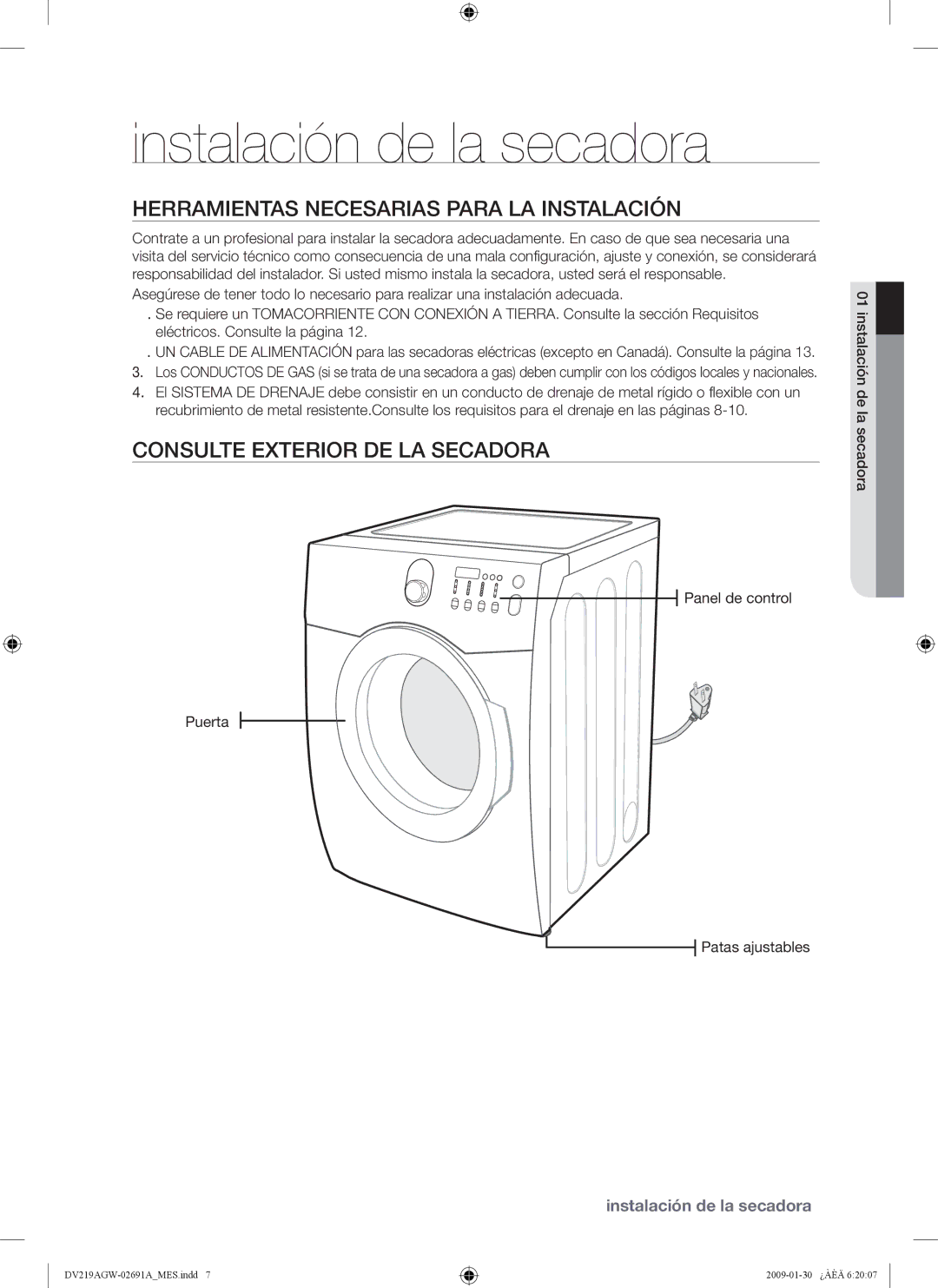 Samsung DV219AG* Instalación de la secadora, Herramientas Necesarias Para LA Instalación, Consulte Exterior DE LA Secadora 