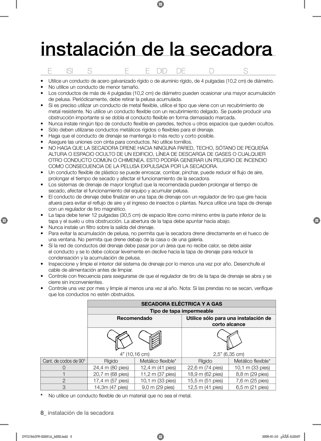 Samsung DV219AE*, DV219AGW, DV219AG* user manual Requisitos Para EL Tendido DE Conductos, Secadora Eléctrica Y a GAS 