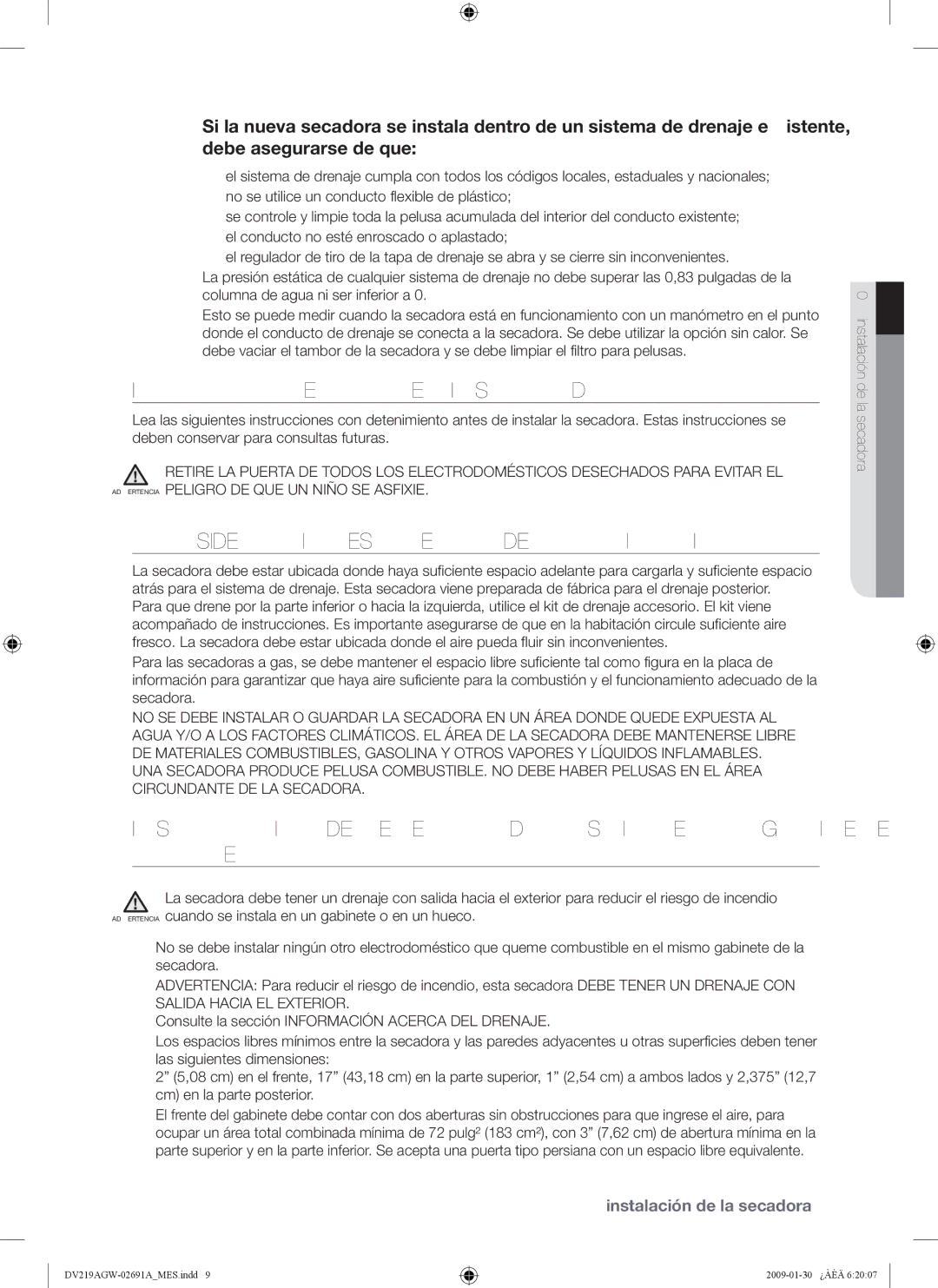 Samsung DV219AGW, DV219AE*, DV219AG* user manual Importante Para EL Instalador, Consideraciones Acerca DE LA Ubicación 