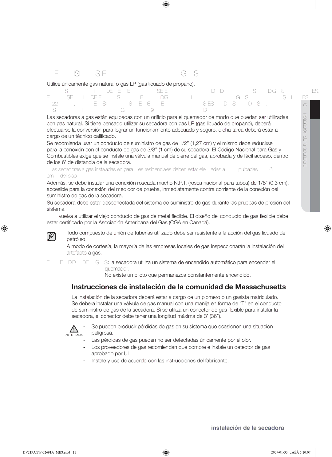 Samsung DV219AE*, DV219AGW, DV219AG* user manual Requisitos EN Cuanto AL GAS 