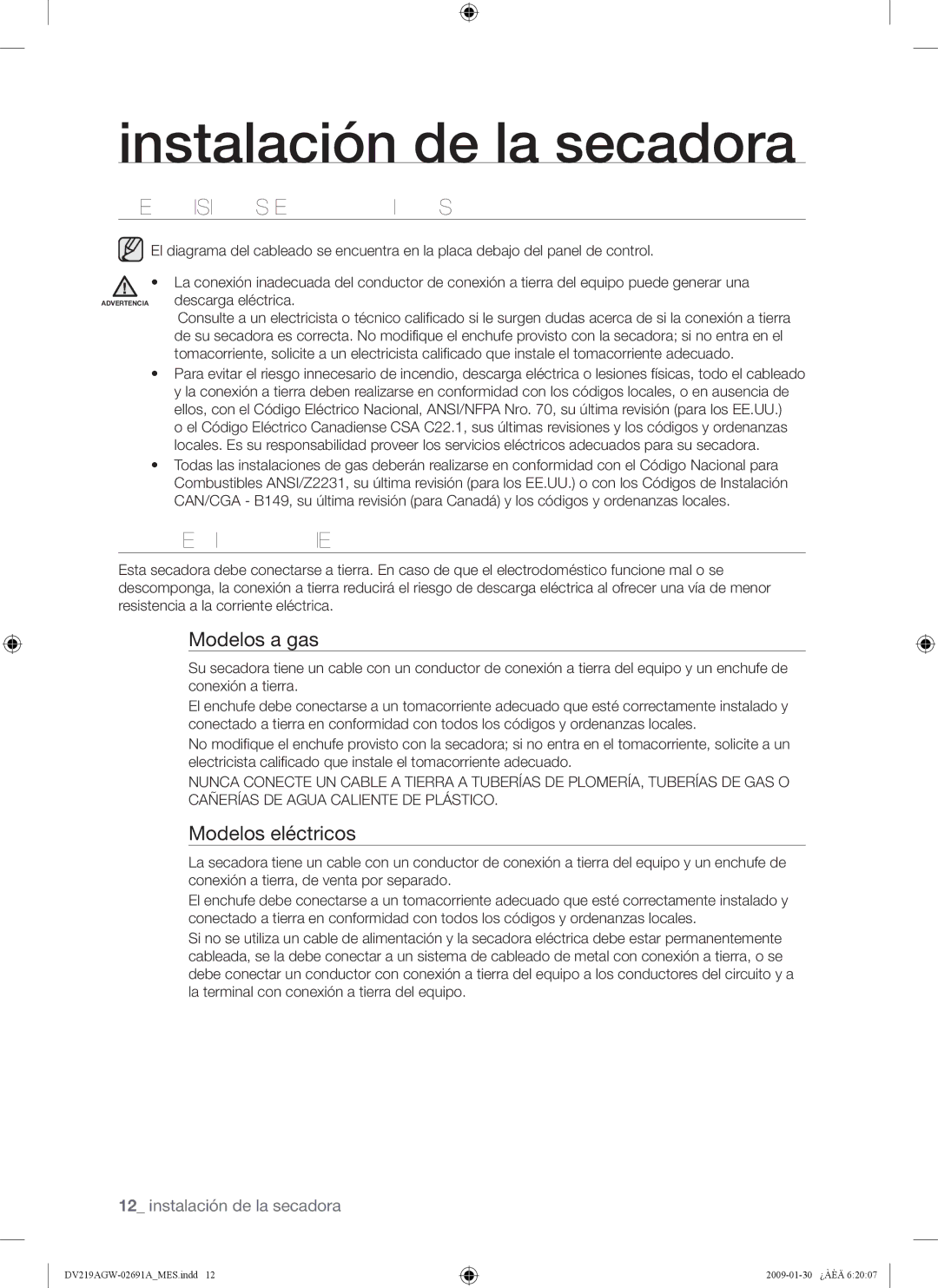 Samsung DV219AGW, DV219AE*, DV219AG* user manual Requisitos Eléctricos, Conexión a Tierra, Modelos a gas, Modelos eléctricos 