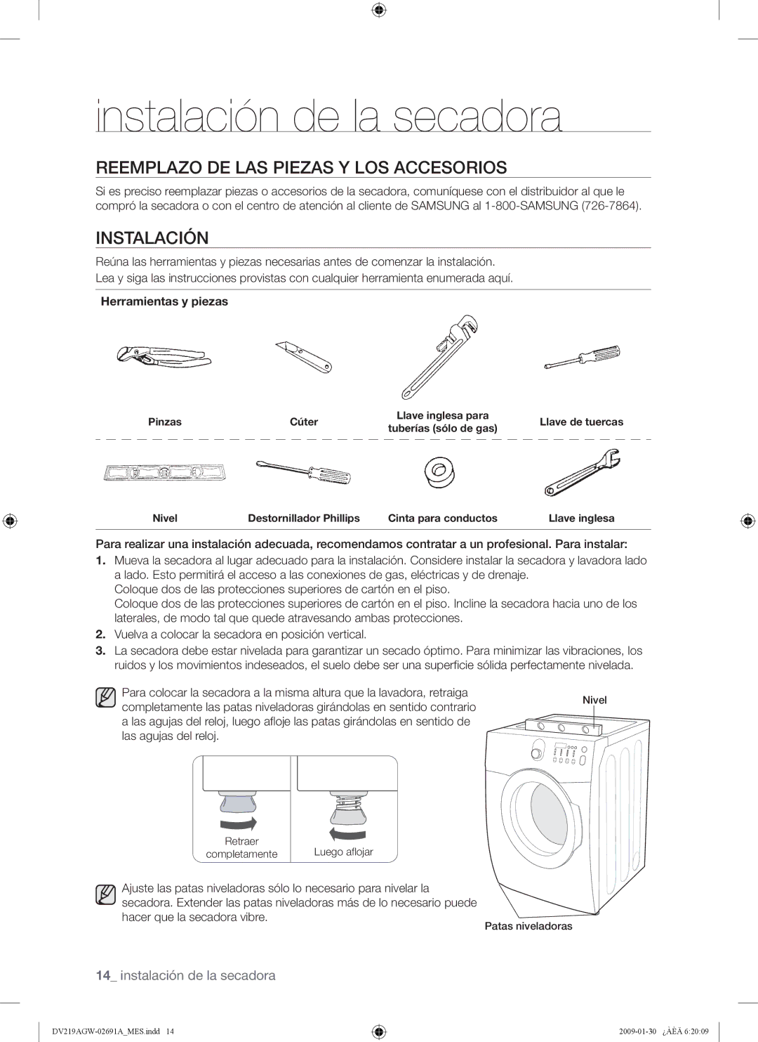 Samsung DV219AE*, DV219AGW, DV219AG* user manual Reemplazo DE LAS Piezas Y LOS Accesorios, Instalación, Herramientas y piezas 