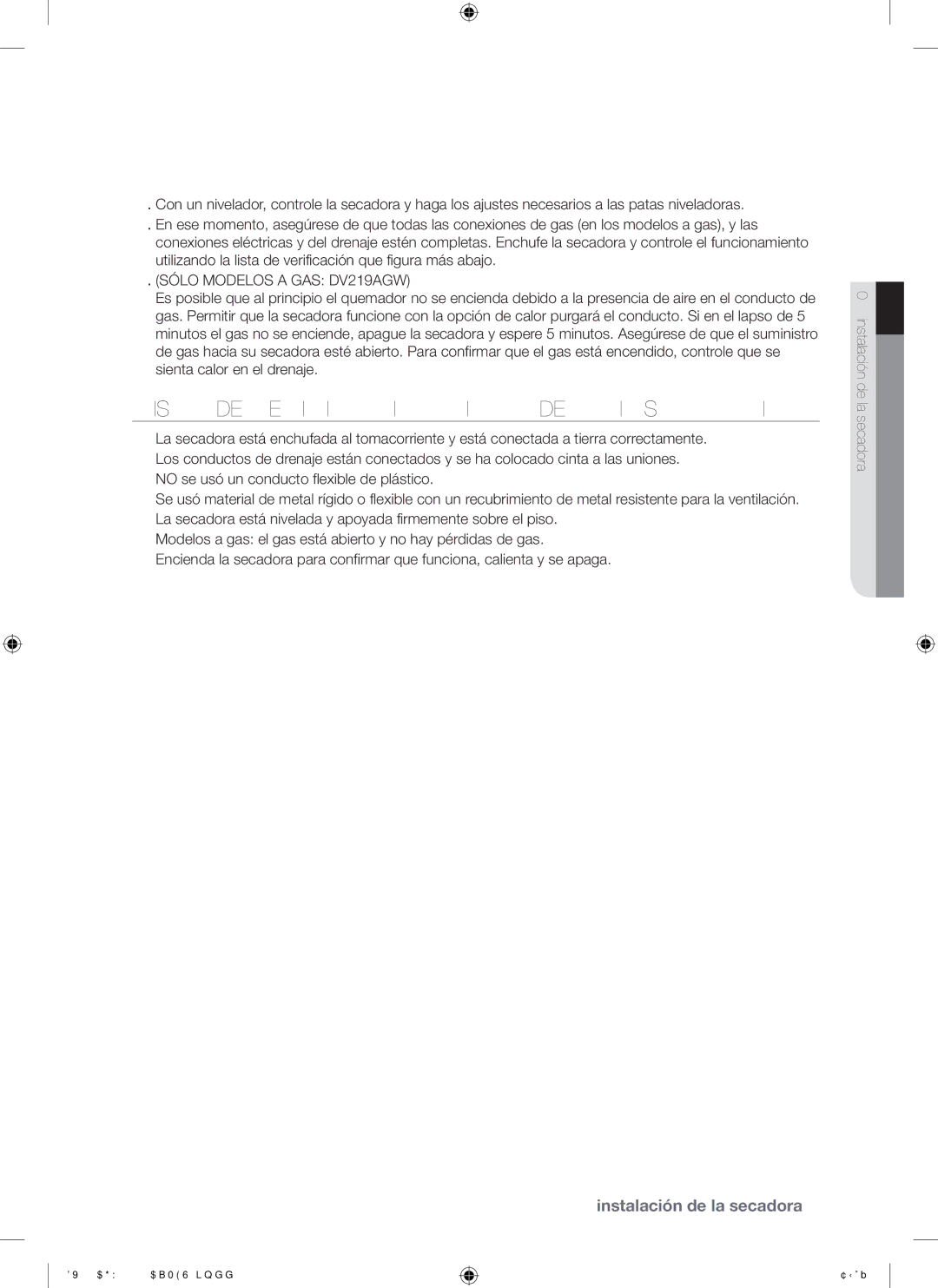 Samsung DV219AE*, DV219AG* user manual Lista DE Verificación Final DE LA Instalación, Sólo Modelos a GAS DV219AGW 