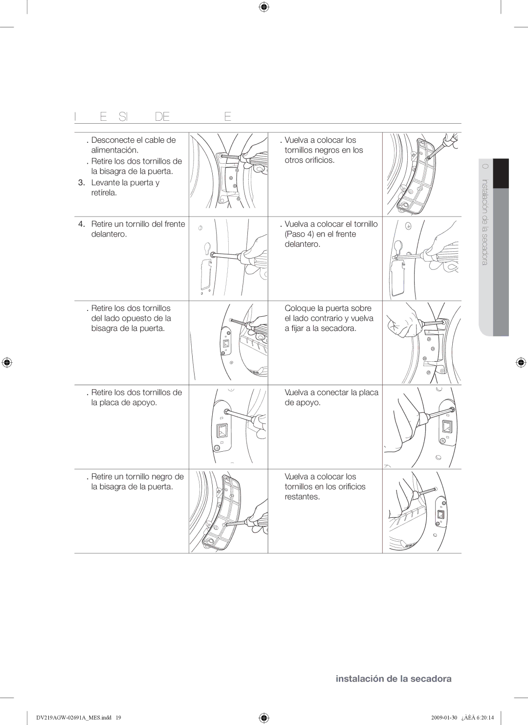 Samsung DV219AG*, DV219AE*, DV219AGW user manual Inversión DE LA Puerta 