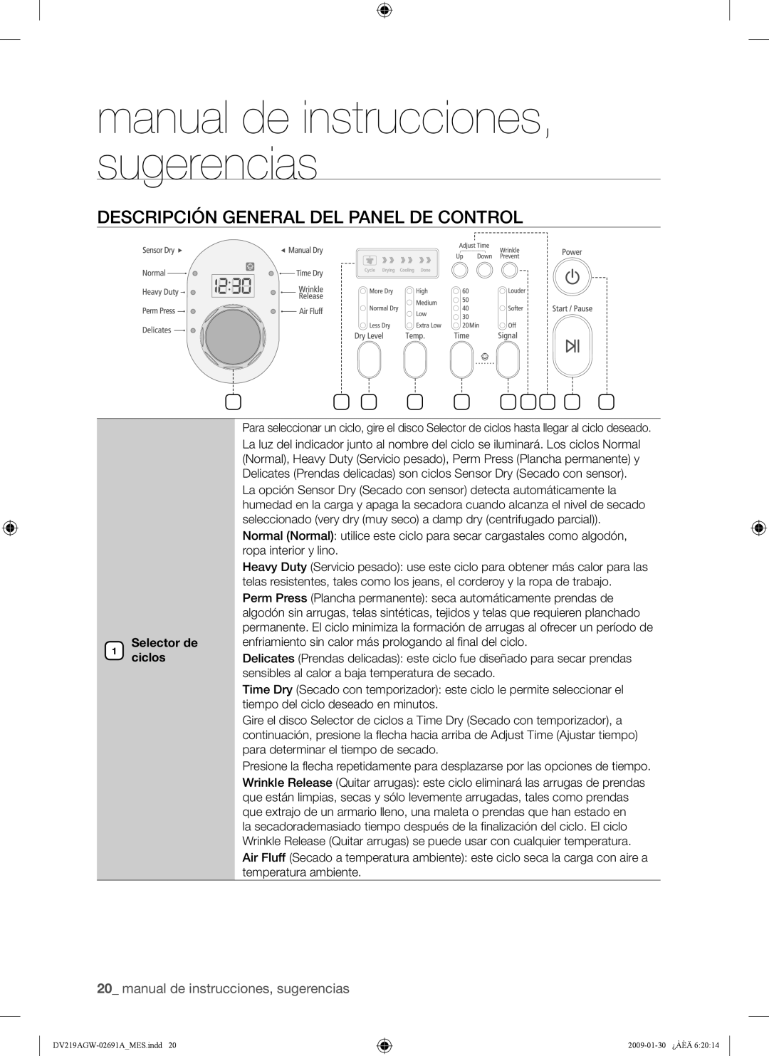 Samsung DV219AE*, DV219AGW, DV219AG* user manual Descripción General DEL Panel DE Control, Selector de Ciclos 