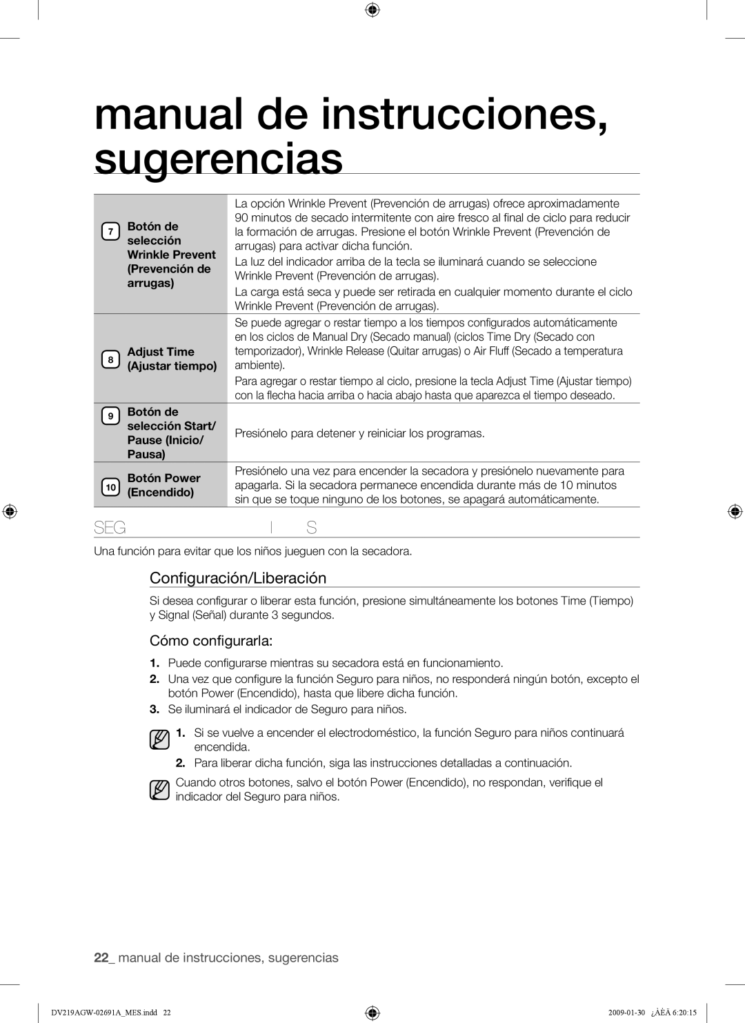 Samsung DV219AG*, DV219AE*, DV219AGW user manual Seguro Para Niños, Configuración/Liberación 