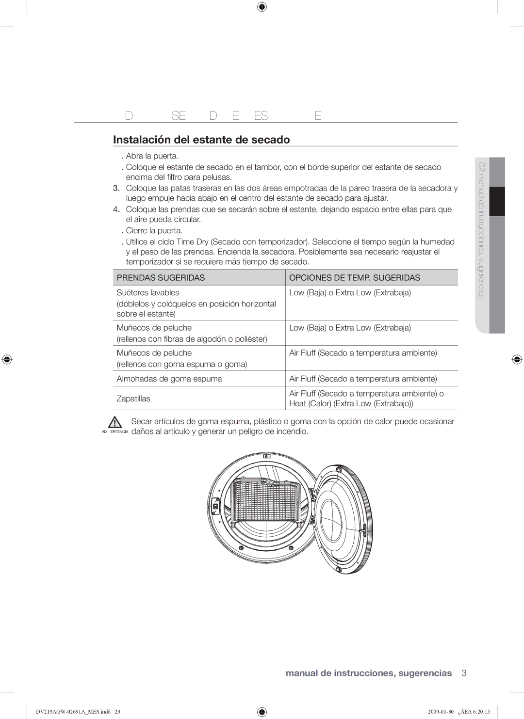 Samsung DV219AE*, DV219AGW, DV219AG* user manual Rack DRY Secado EN Estante, Instalación del estante de secado 