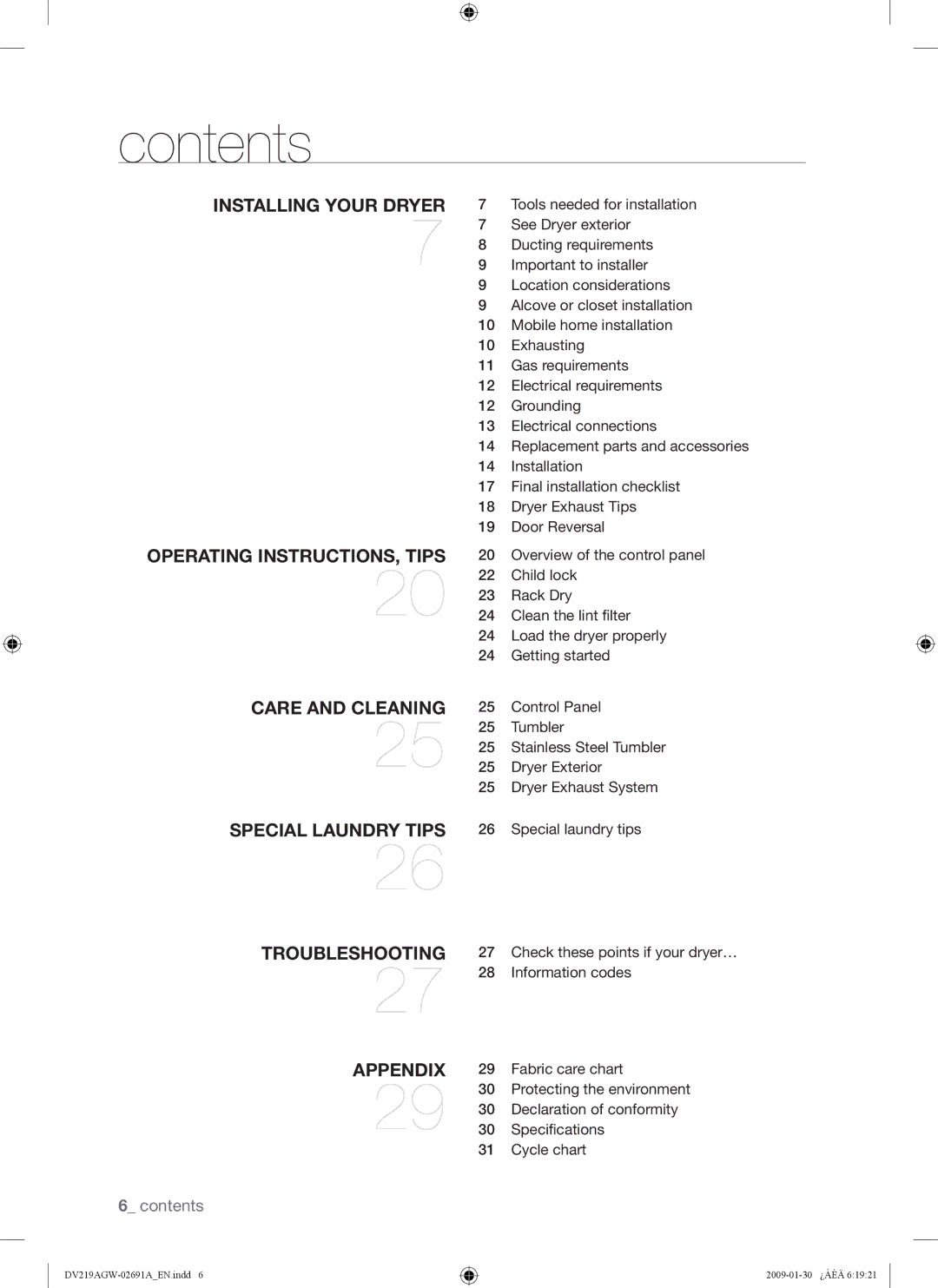 Samsung DV219AE*, DV219AGW, DV219AG* user manual Contents 