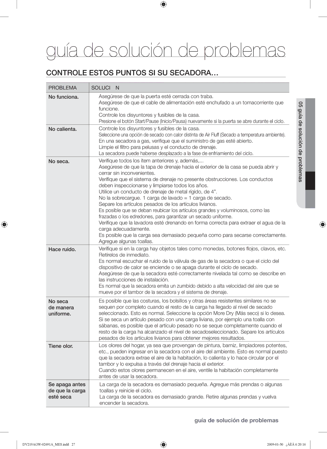 Samsung DV219AGW, DV219AE*, DV219AG* user manual Controle Estos Puntos SI SU SECADORA…, Problema Solución 