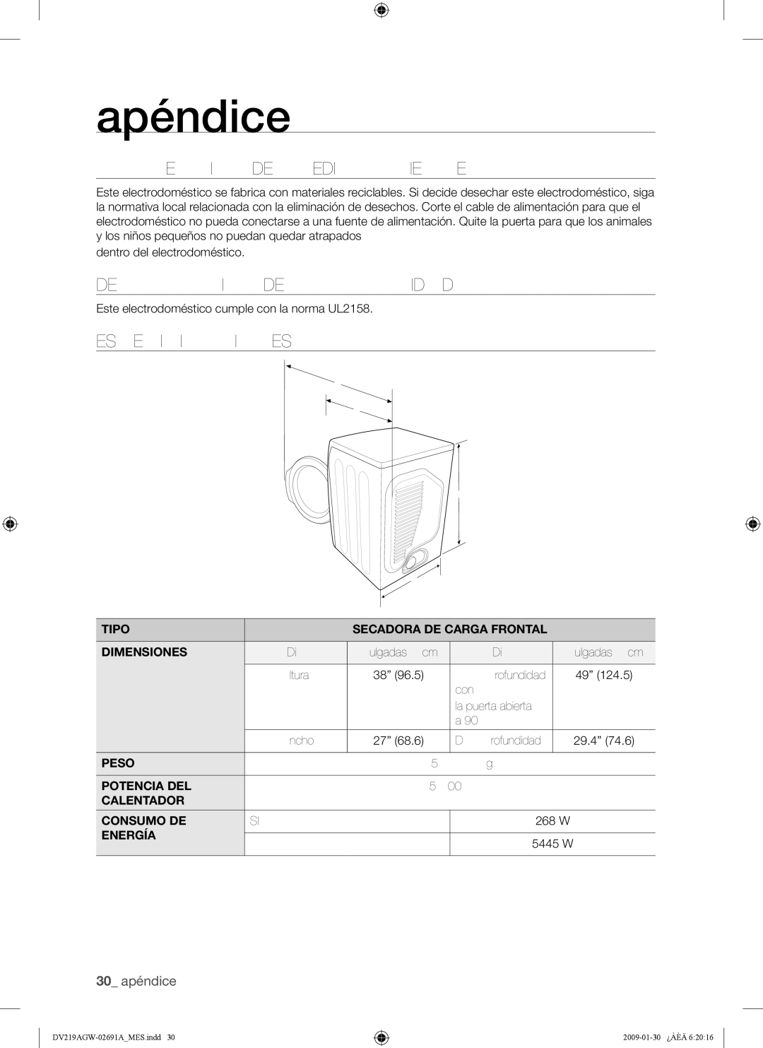 Samsung DV219AGW, DV219AE*, DV219AG* user manual Protección DEL Medio Ambiente, Declaración DE Conformidad, Especificaciones 