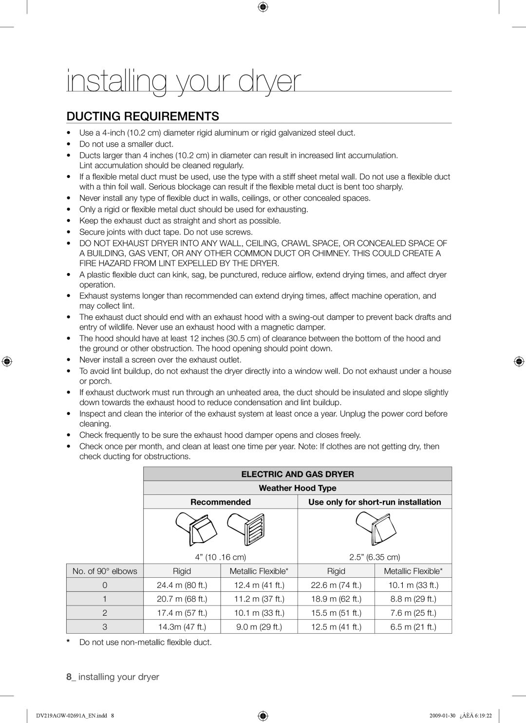 Samsung DV219AG*, DV219AE*, DV219AGW user manual Ducting Requirements, Electric and GAS Dryer, Weather Hood Type 