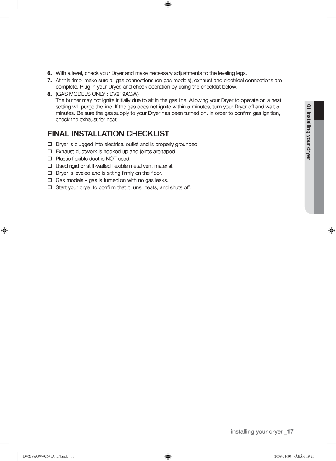 Samsung DV219AG*, DV219AE*, DV219AGW user manual Final Installation Checklist, installing your dryer 