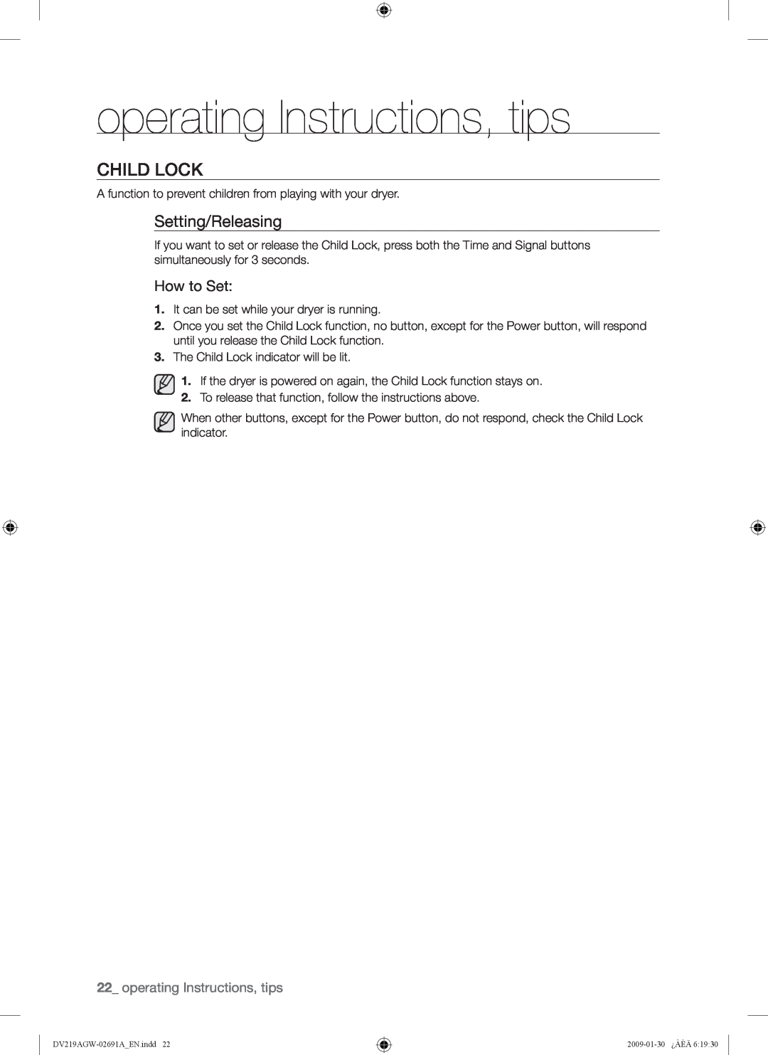 Samsung DV219AGW, DV219AE*, DV219AG* user manual Child Lock, Setting/Releasing, How to Set, operating Instructions, tips 