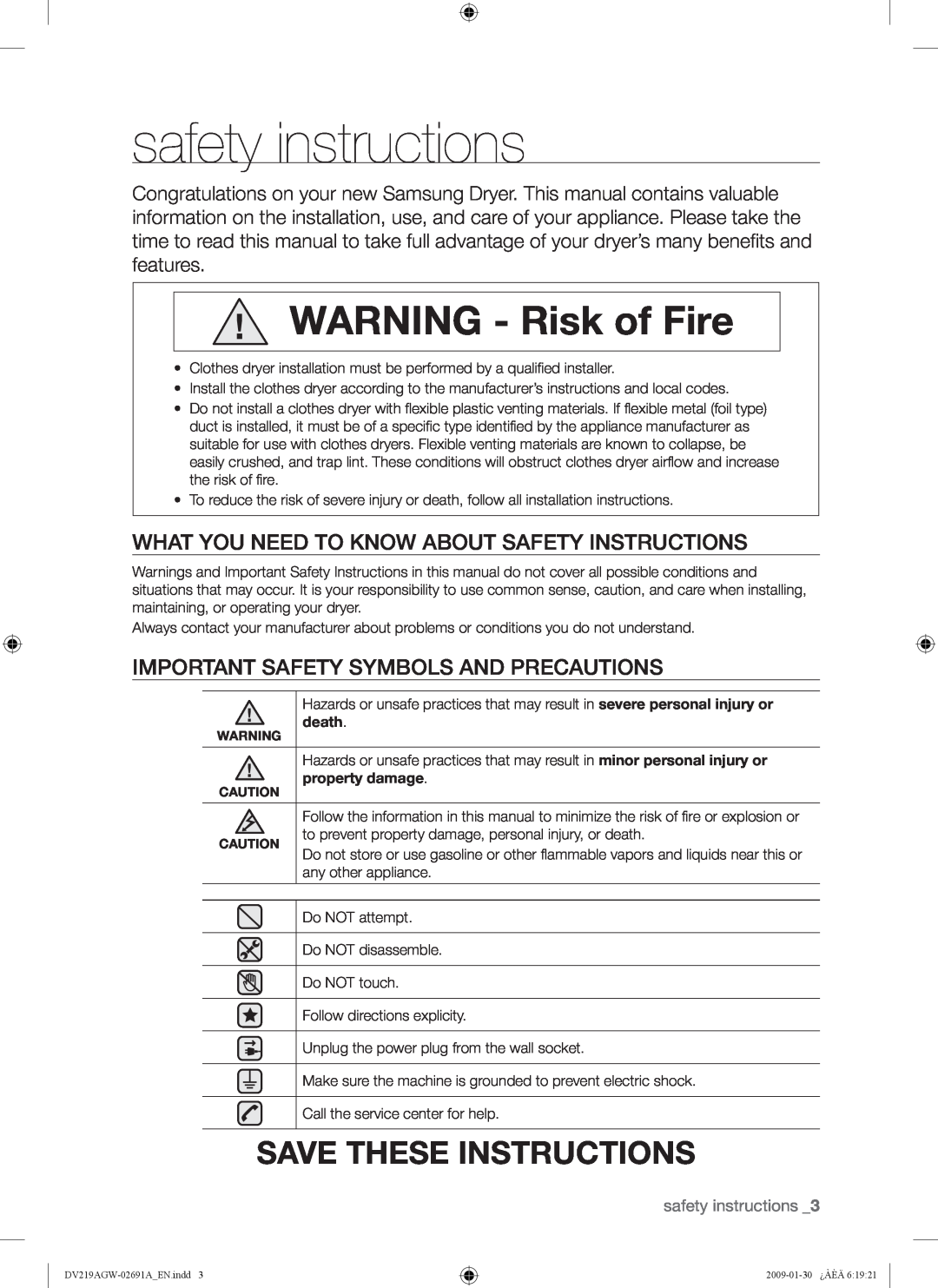 Samsung DV219AE*, DV219AGW safety instructions, Save These Instructions, What You Need To Know About Safety Instructions 